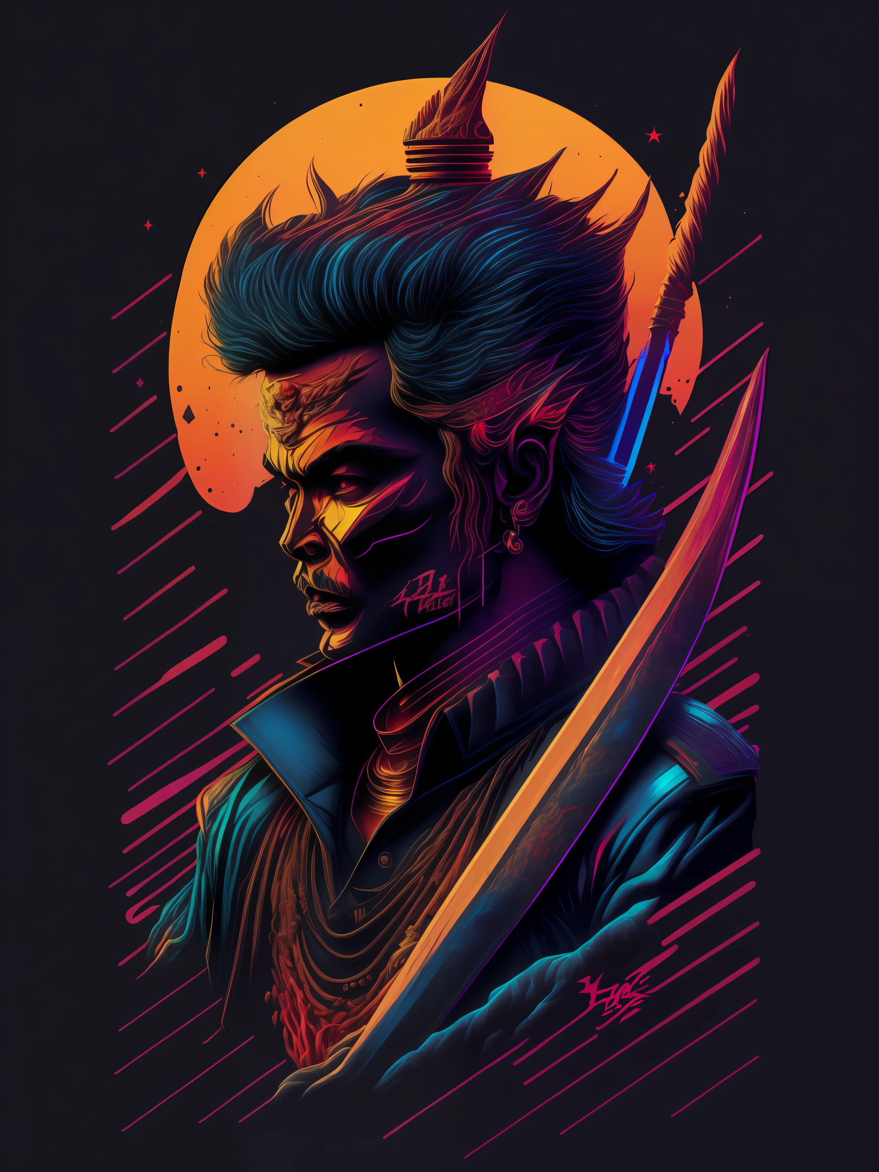 Thai king, sword, vectorized, synthwave, gold blue red orange, bright neon colors on a dark background,