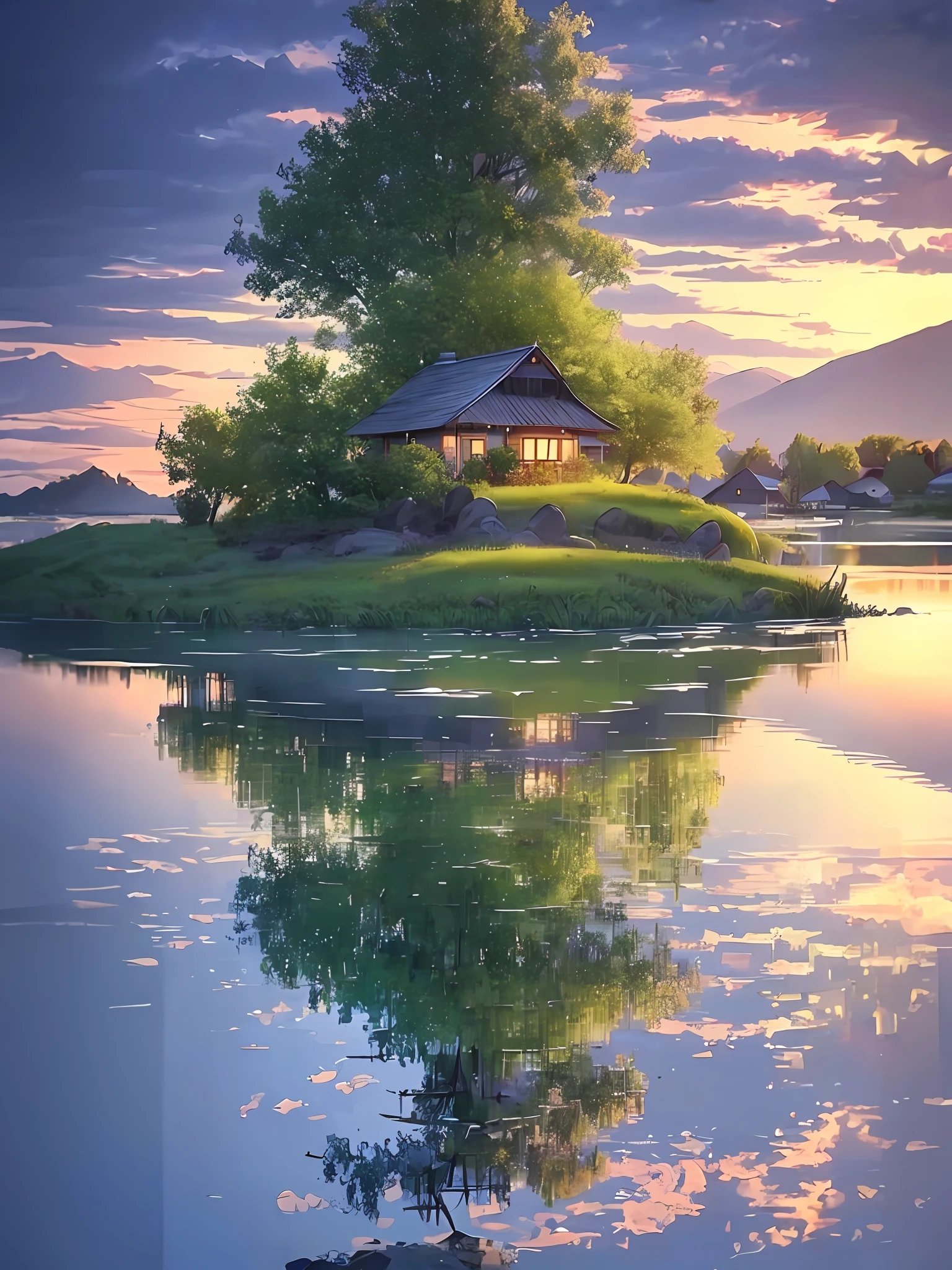 there is a small house on a small island in the middle of a lake, beautifully lit landscape, peaceful landscape, serene landscape, beautiful serene landscape, amazing landscape, in a serene landscape, an amazing landscape image, dreamy landscape, beautiful lake, beautiful landscape, stunning landscape, setting in nature, beautiful lake background, perfect landscape, stunning light reflections, beautiful dreamy landscape