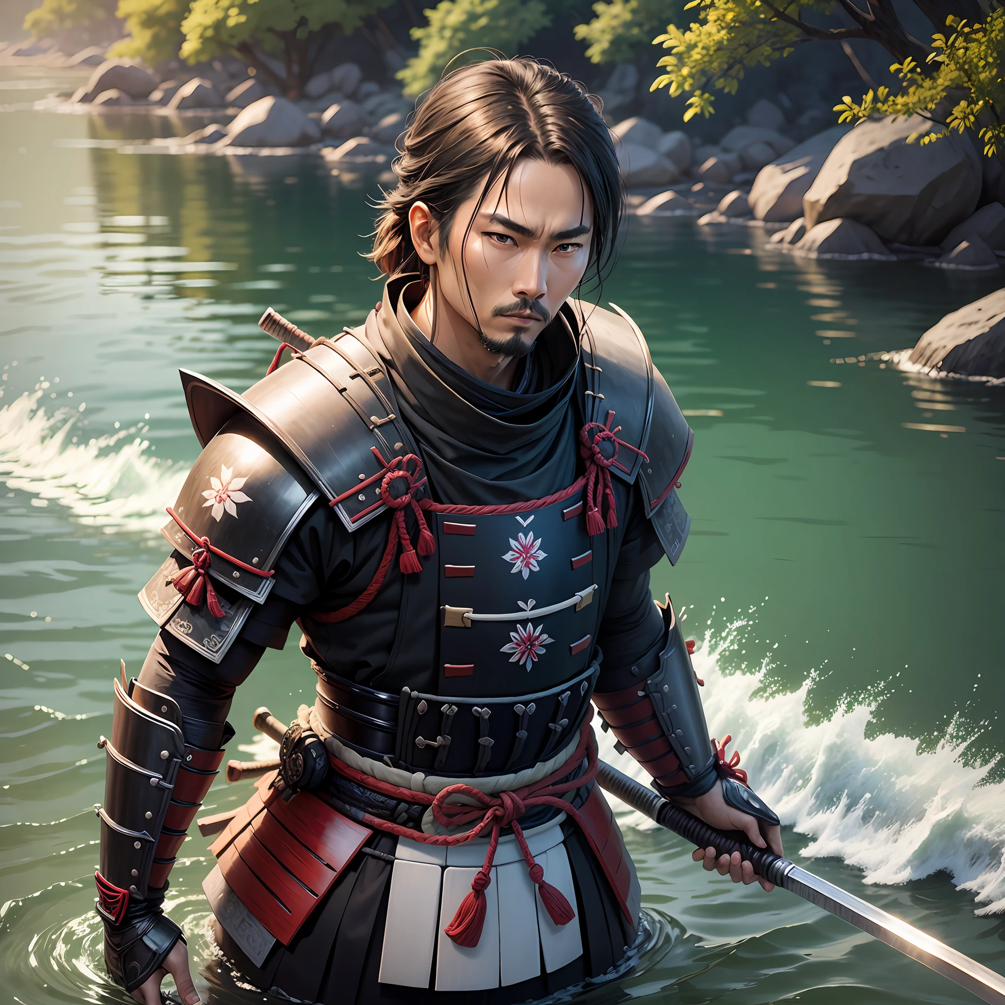 samurai, on the water, realistic photo, --auto --s2