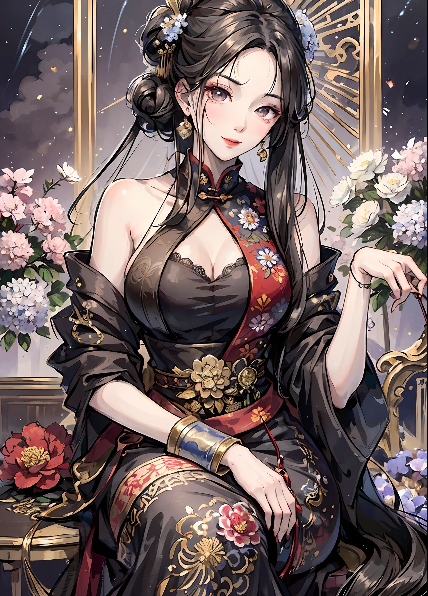 Masterpiece, Superb Product, Night, Full Moon, 1 Woman, Mature Woman, Chinese Style, Antique Chinese, Sister, Royal Sister, Smile, Brunette Hair, Updo, Red Lips, Calm, Intellectual, Hairpin, Hair Flower, Detailed Facial Details, Detailed Eyes, Full Body, Gray Eyes, Long Hair, Hydrangeas