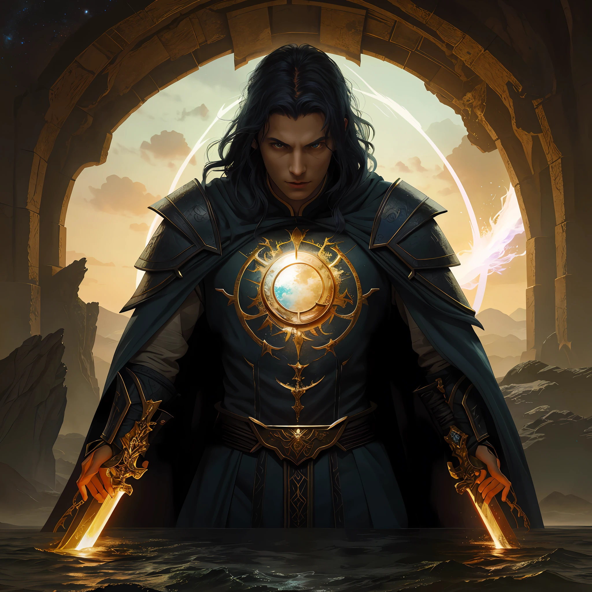 there is a man and a woman standing in the water with a sword fighting against each other, epic fantasy sci Fi opera, galaxy sci fi, fantasy rpg book illustration, fantasy book cover painting, young adult fantasy novel cover, litrpg novel cover, dragonlance illustration, stormlight archive, rob rey and kentarõ miura, fantasy book illustration, tolkien and michael komarck