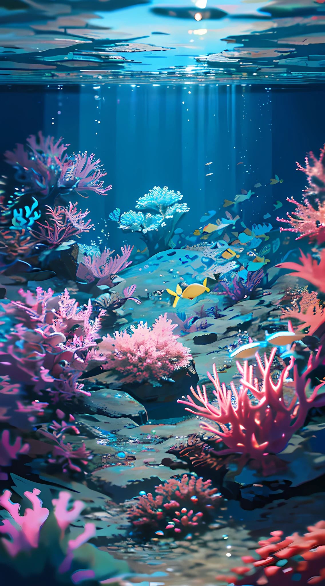 (masterpiece, best quality:1.2), (no humans, cliff, underwater, perspective, from below:1.5), 8k, raw photo, absurdres, beautiful coral reef, rocks, many very small fishs, colorful tropical fishs, light leaks, depth of field, stunning scape, film grain, chromatic aberration, dynamic lighting, dramatic lighting, HDR, photorealistic, film grain, chromatic aberration, highres, ultra detailed, finely detail, extremely detailed, shadow, sharp focus