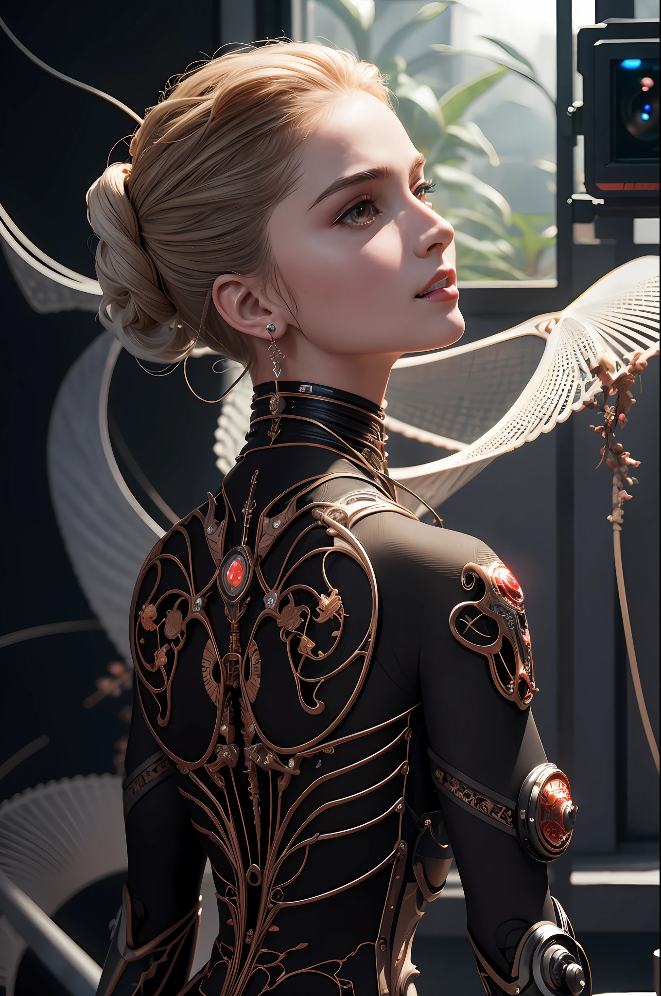 nousr robot, complex 3d render ultra detailed of a beautiful death angel, biomechanical cyborg, analog, 150 mm lens, beautiful natural soft rim light, big leaves and stems, roots, fine foliage lace, colorful details, samourai, Boris Bidjan Saberi outfit, pearl earring, piercing, art nouveau fashion embroidered, intricate details, mesh wire, mandelbrot fractal, anatomical, facial muscles, cable wires, microchip, badass, hyper realistic, ultra detailed, octane render, volumetric lighting, 8k post-production, red and white with a bit of black, detailled metalic bones, semi human, iridescent colors, Glenn Brown style, white room, power of the god, high-angle shot, complex body poses, beautiful face, masterpiece, high quality, hdr, 4k, 8k. realistic, 1girl,