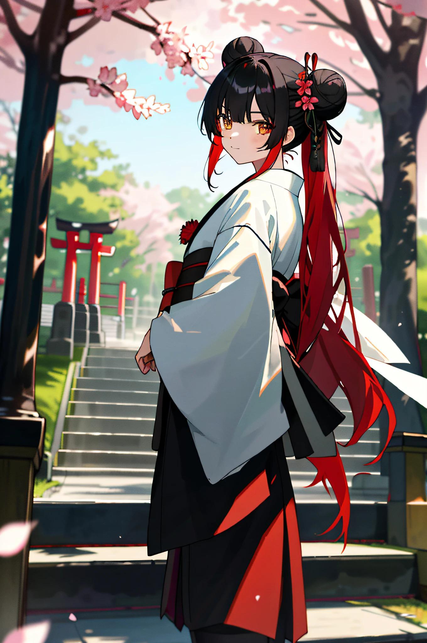 ((masterpiece,best quality)),2girls, black kimono, black legwear, black ribbon, black hair, cherry blossoms, day, flower, hair bun, hair ribbon, japanese clothes, kimono, long hair, looking at viewer, looking back , multiple girls, belts, outdoors, red eyes, red hair, ribbon, sandals, single bun, stairs, standing, statue, torii, tree, white kimono, yellow eyes