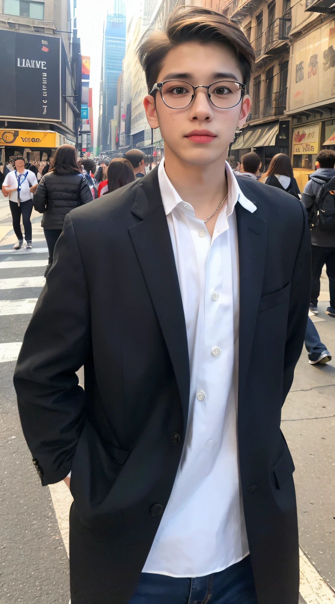 (a 18 year olds handsome boy, half frame), (wearing white shirt), ((background new york street ))