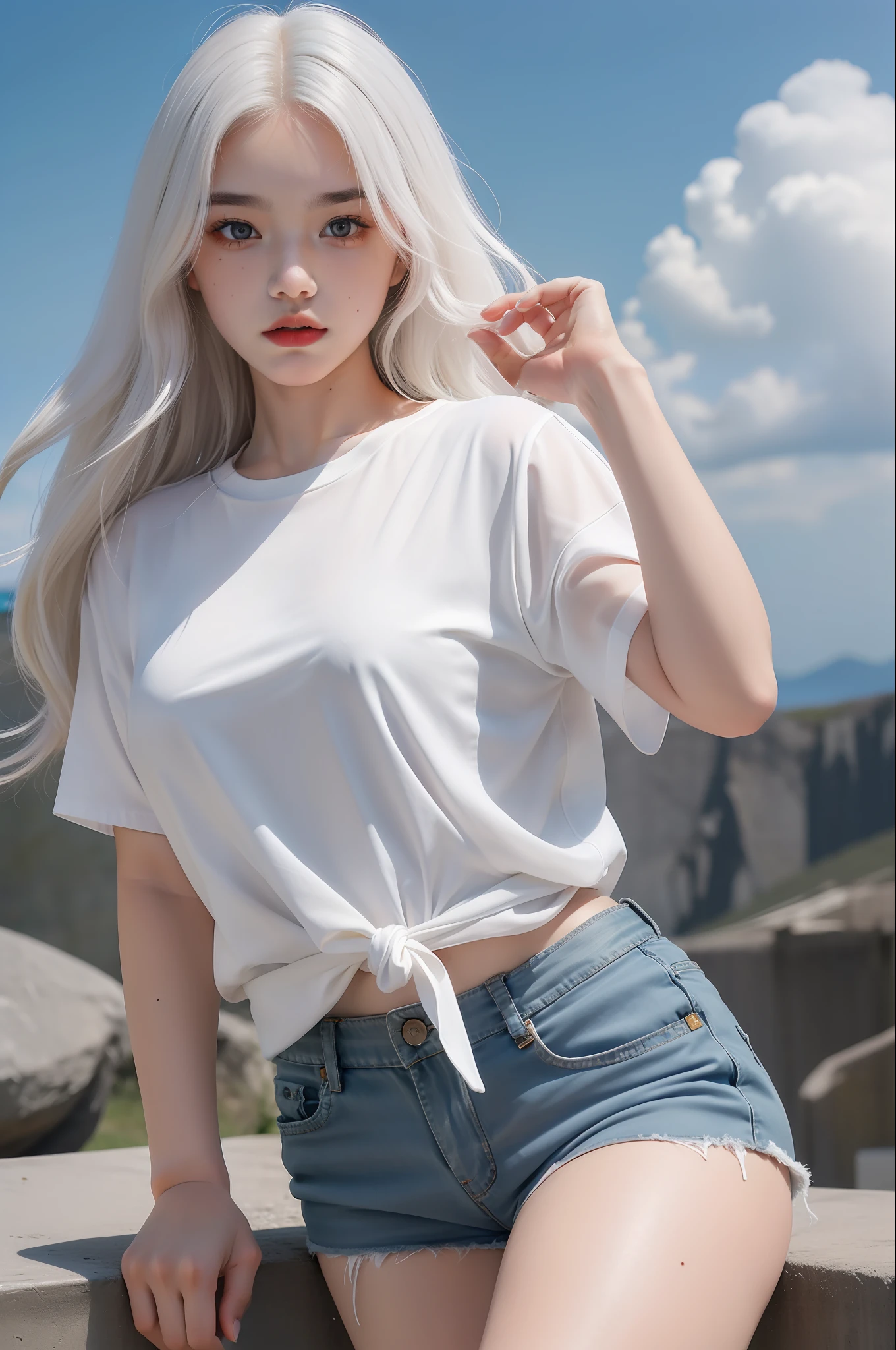 (Masterpiece, realistic, high resolution), (1 girl): 1.2), Korean, ((white wavy hair): 1.3), (heterochromic eyes: 1.1, thick eyebrows, small moles under the eyes), tie, (white shirt, red sports shorts), ((medium breasts): 1.2, thighs), outdoor, blue sky and white clouds