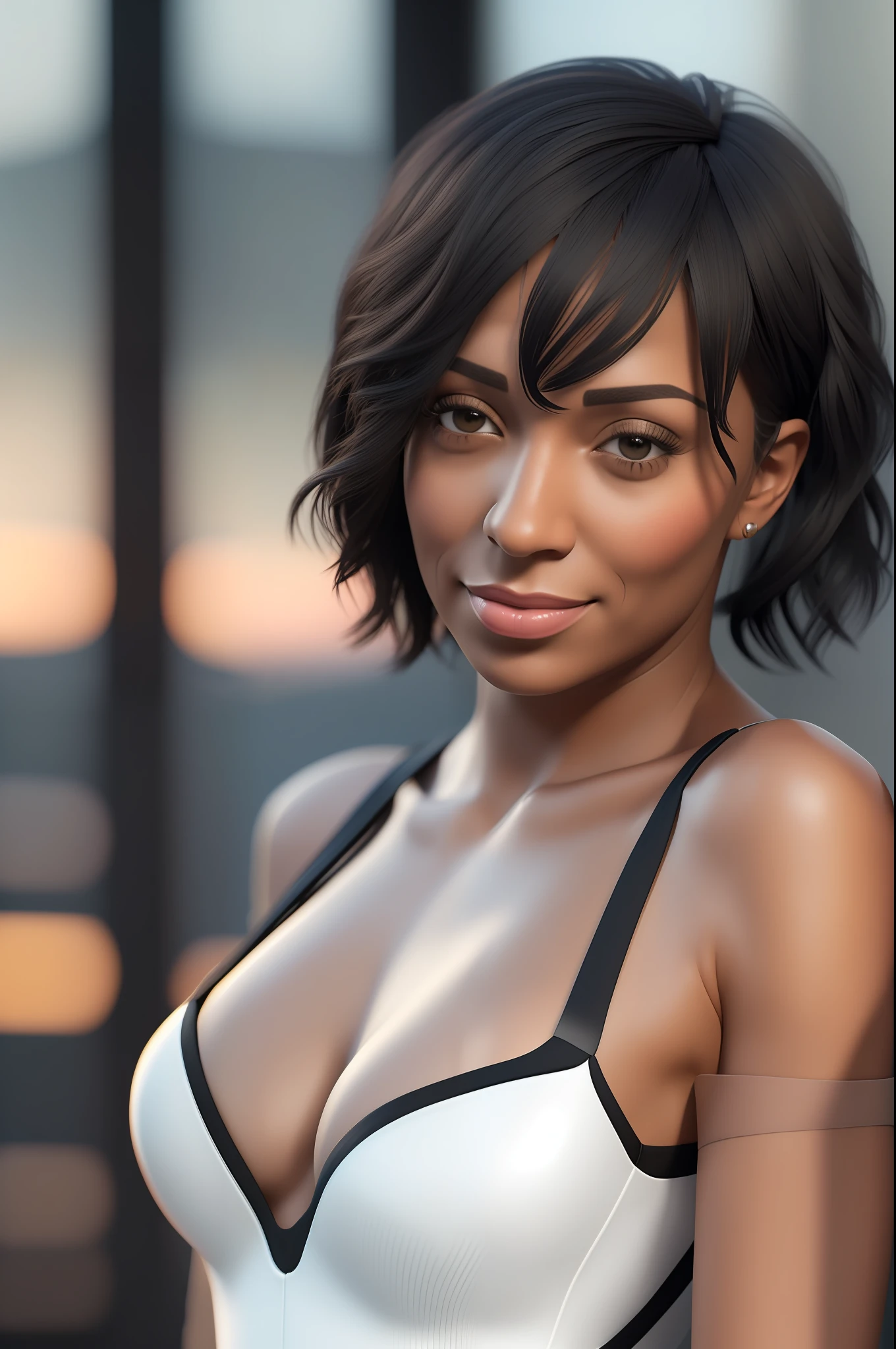 (((Tamara Taylor))), (a very tall slender woman standing at the reception of a hotel), ((tall slender figure)), ((hairstyle Bob)), ((short straight black hair)), (narrow pelvis), (small round breasts), big brown eyes, ((small head)), (sunset), evening mood, she smiles, (((She wears a short black pencil dress made of jersey fabric))), (photorealistic:1.2), (best quality), (intricate details), 8K, (High Poly), (Raytracing), (Cinema lighting), (Sharp focus), (detailed face:1.3), natural and realistic skin textures, soft face, ((both straps slipped off the shoulder)), (black bra straps visible)