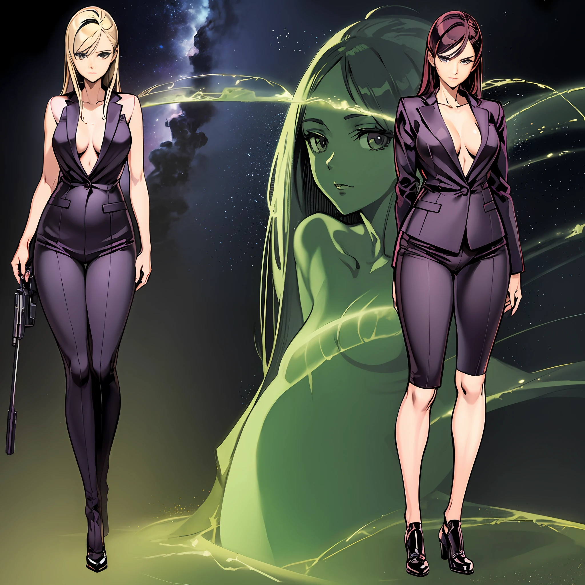 Masterpiece, 1girl, manga master work, great anime, a beautiful ???? woman, dressed in professional clothes, peaceful expression, plump and slim, standing under the stars in the empty night, standing in full body posture, shooting action, tall, slender legs, facial details, detailed body part details, full body, 8k wallpaper