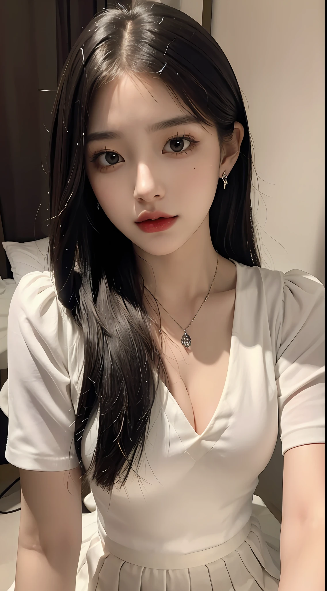 (Masterpiece), Best Quality, 8K Resolution, 3D, Close Up, A Beautiful Girl, Elegant Pose, ((White Shirt)), ((Pleated Skirt)) ((JK Suit)), Top-down Shot, With Necklace, Beauty Mole under the Corner of the Eye, Perfect Figure, ((Beautiful Detailed Face)), (Upper Body: 1.3), Black Hair (Messy), Delicate Makeup, Red Lips, Oil Lips, Long Eyelashes, With Silver Earrings, Bright Big Eyes, Eye Shadow, Silkworm, Movie Lighting, Cute Girl, master works, high detail, colorful picture, light and shadow details, extremely delicate beautiful girl, supple and fair skin, delicate facial features, perfect face, stunning beauty, extreme details, realistic details,