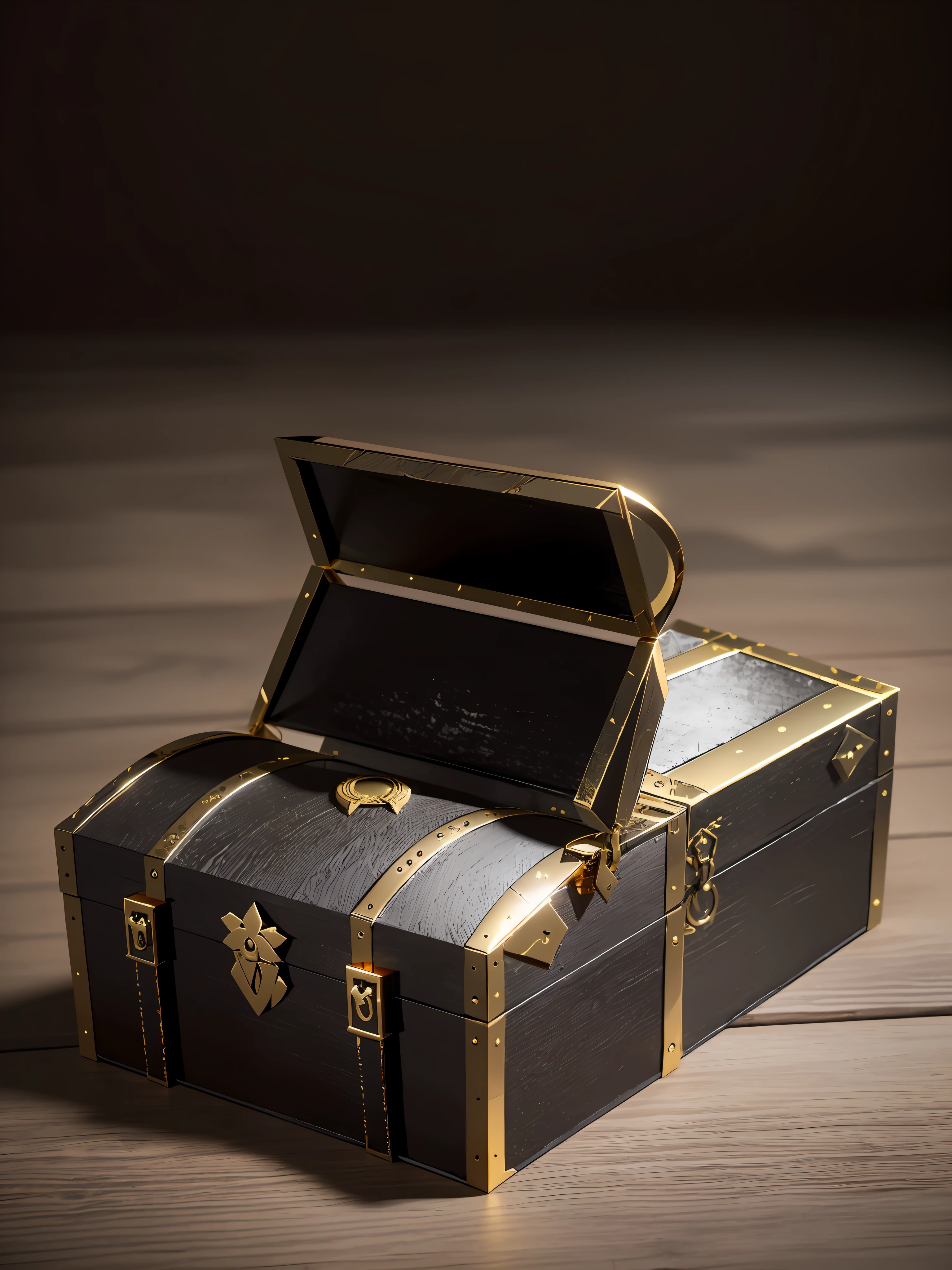 A small black and gold metal chest, treasure chest, treasure chest, loot chest, look at the treasure chest, on dark background, open lid, high quality
