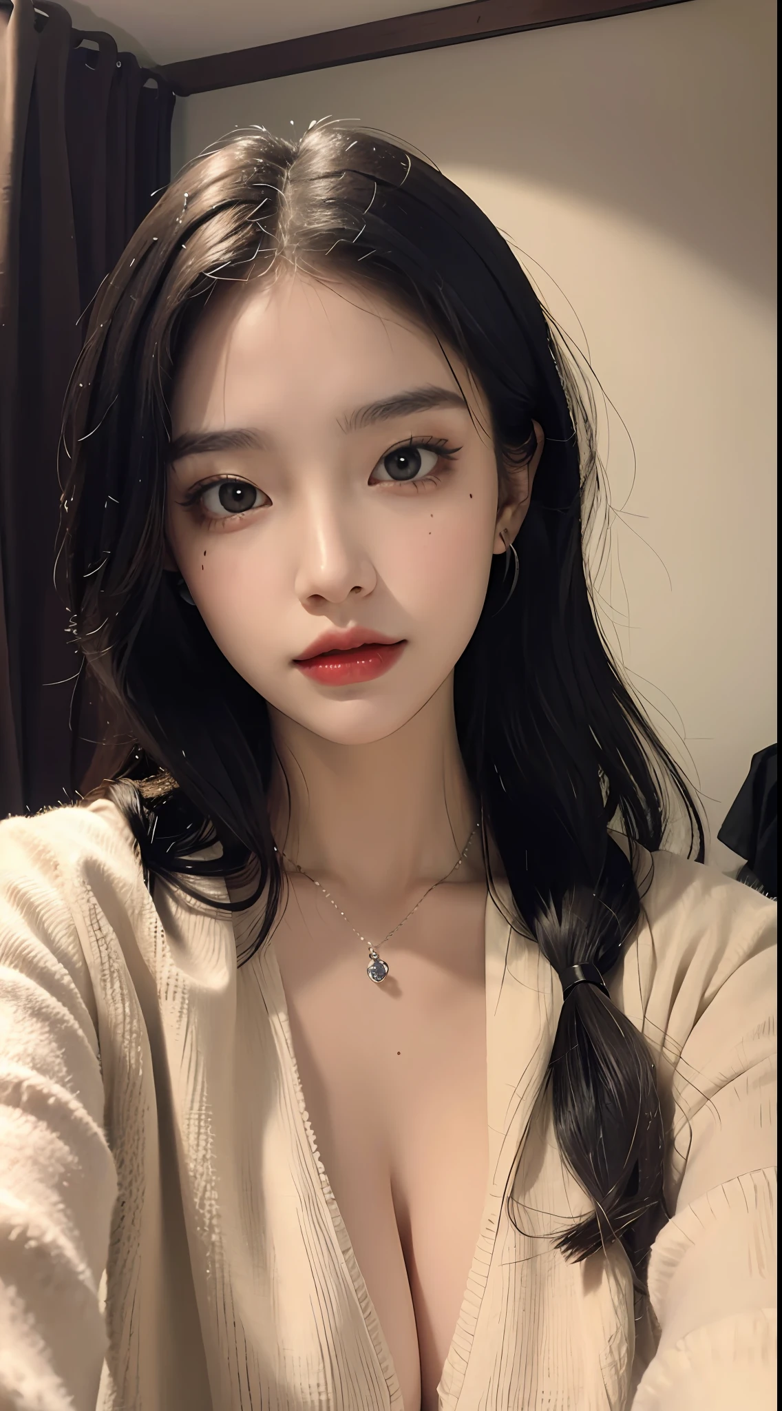 (Masterpiece), Best Quality, 8K Resolution, 3D, Close Shot, A Beautiful Girl in a High Neck Long-sleeved Jacket with a Necklace, a Beauty Mole Under the Corner of the Eye , Perfect Body (Plump), ((Beautiful Detailed Face)), (Upper Body: 1.3), Black Hair (Messy), Delicate Makeup, Red Lips, Oil Lips, Long Eyelashes, With Silver Earrings, Bright Big Eyes, Eye Shadow, Lying Silkworm, Movie Lighting, Cute Girl, Master Works, High Detail, Colorful Picture, Light and Shadow Details, Extremely delicate beautiful girl, supple and fair skin, delicate facial features, perfect face, stunning beauty, extreme details, realistic details, facing the camera, holding a mobile phone to take a selfie, Clear focus: 1.2, 1girl