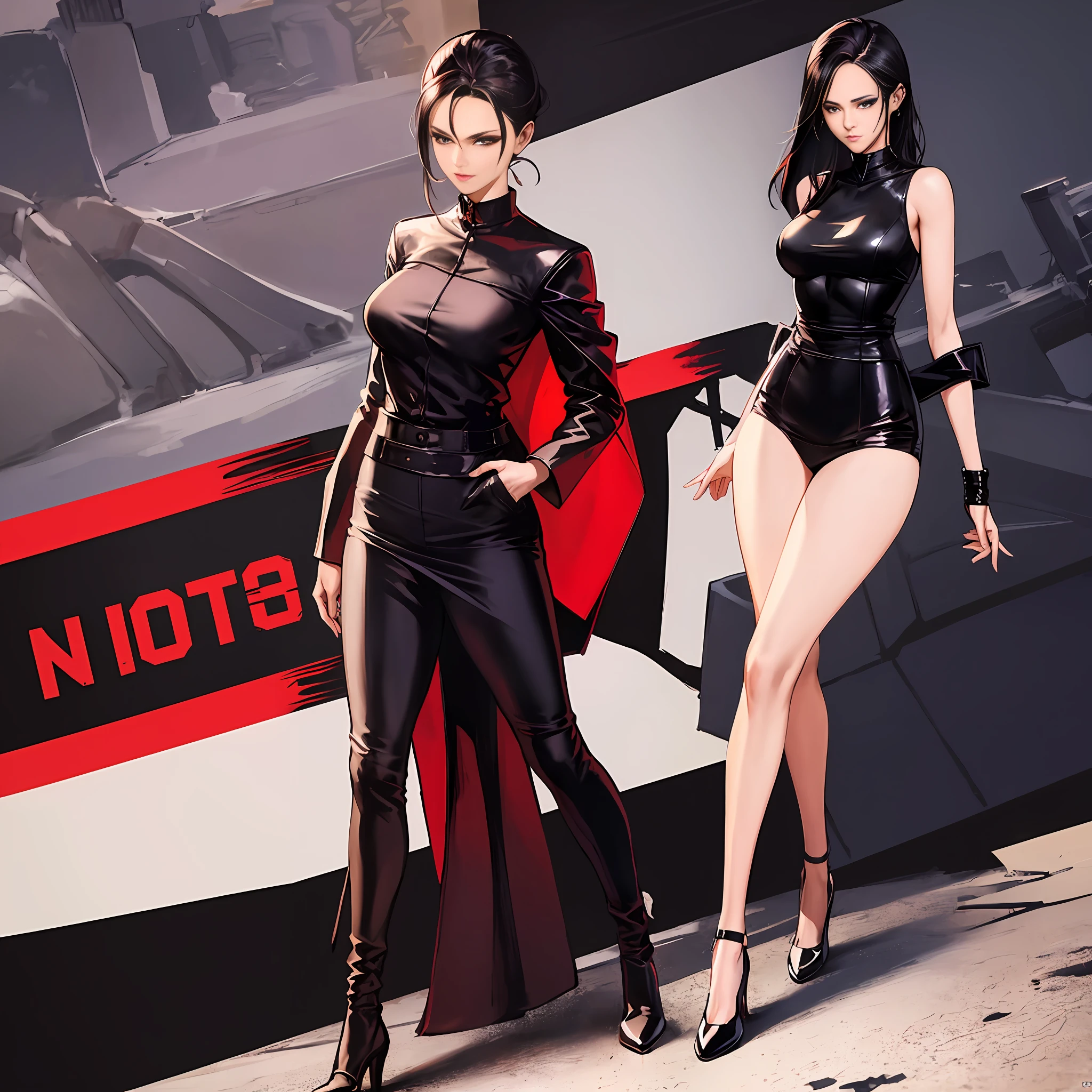 Masterpiece, manga master work, great anime, a beautiful underworld woman, gangster movie female BOSS, wearing a red silk shirt, black tight skirt standing under the empty night stars, full body standing posture, shooting action, tall figure, slender legs, facial details, detailed body part details, side full body, 8k wallpaper
