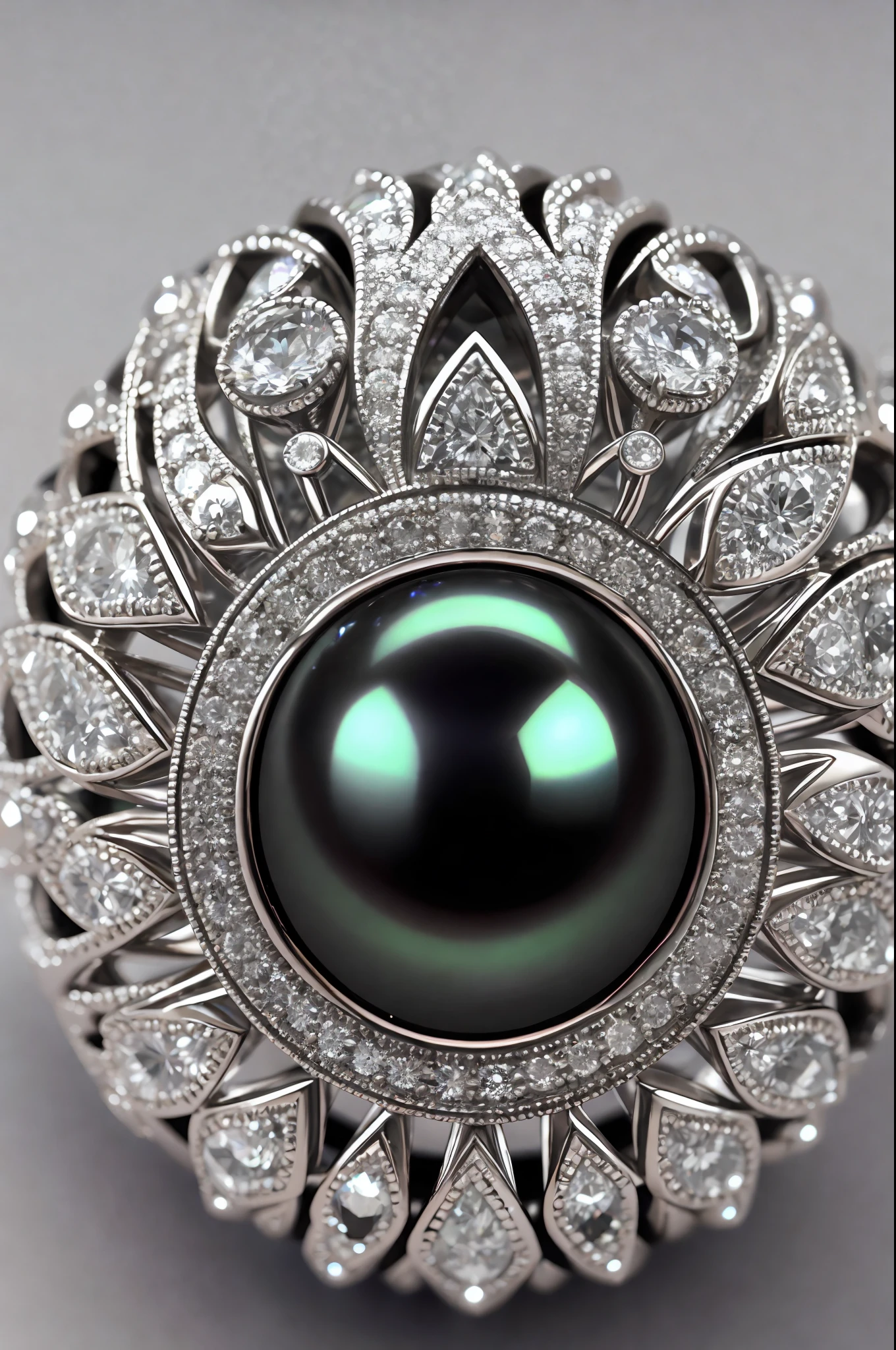 a close up of a ring with a black pearl and diamonds, symetrical japanese pearl, elden ring inspired, elden ring style, ring, jewelry photography, black pearls, pearl, inspired by Pieter de Ring, ( art deco ), ultradetailed photorealistic, photorender, photo realistic, black jewellery, ring lit, highdetailed, 16k 3d