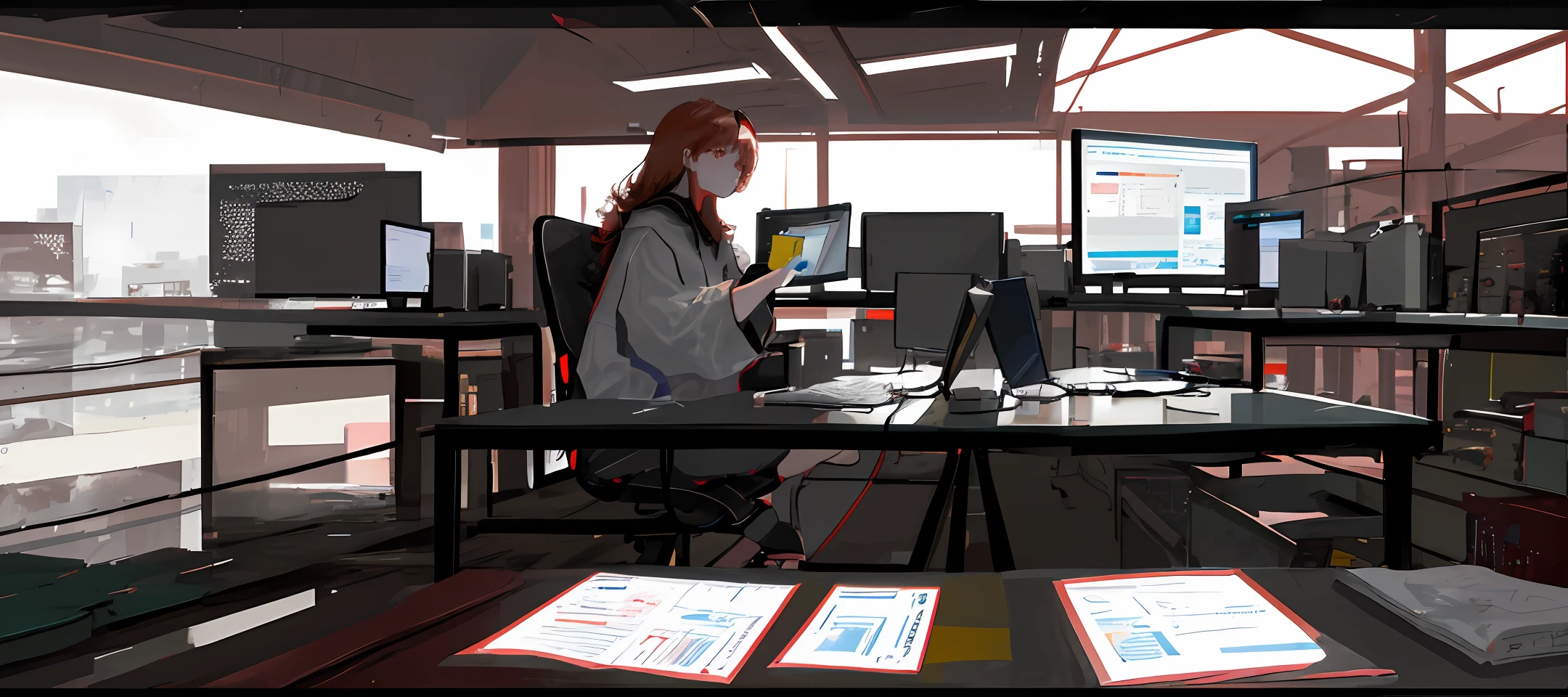 A girl, half black hair, half red hair, half body picture, sitting in front of the computer, stock trading, side face, two computer screens, one screen showing stock information, one screen showing chat interface, mobile phone on the table, horizontal composition