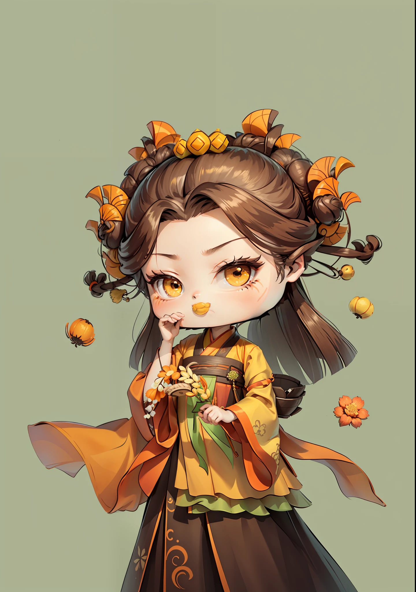 A Chinese girl in Hanfu, holding a rice ear in one hand and a seed in the other, autumn, autumn, harvest, dark brown hair, ancient Chinese hair bun, pattern, yellow-green orange yellow color scheme, ginkgo biloba hair ornaments on both sides, some metal flower headdresses, bright color blocks, bright colors, line art, infinite details, fine painting, exquisite portrayal, blank background 8k