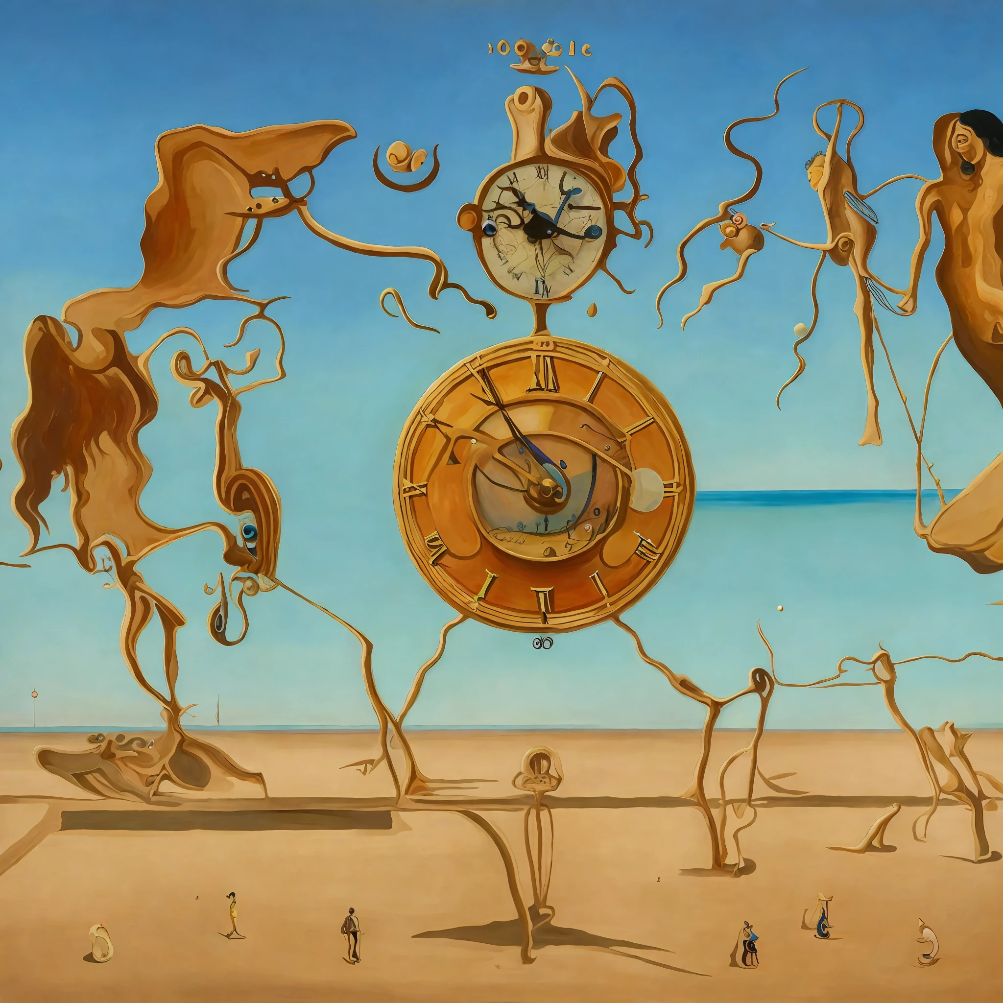 painting of a clock with figures and a man on a beach, by Dali, inspired by Salvador Dalí, in style of salvador dali, style of salvador dali, masterpiece surrealism, salvador dali style, inspired by Salvador Dali, style of dali, dali style, inspired by Dali, inspired by Dalí, by Salvador Dali, surrealism art, surrealist artwork