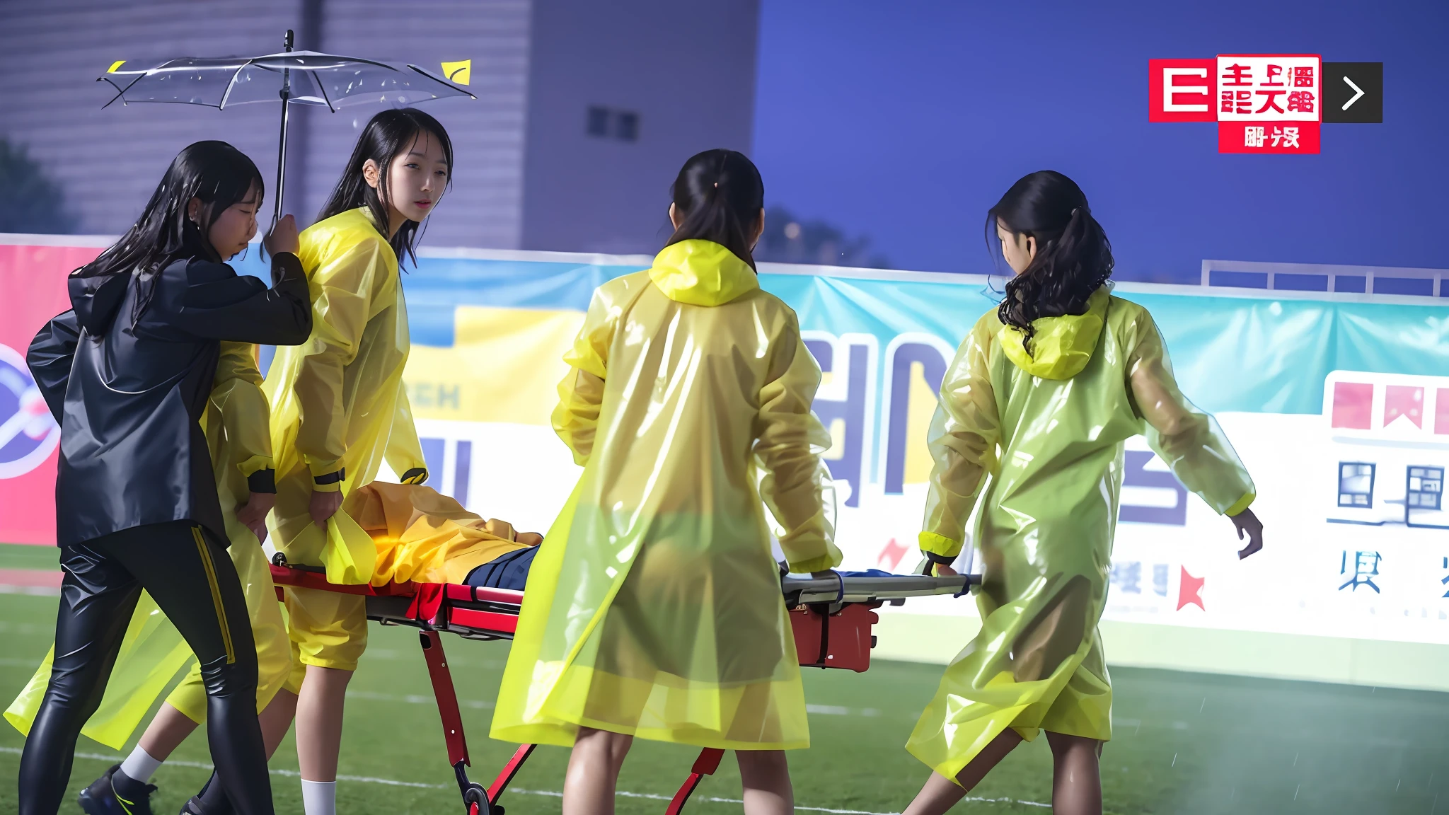 there is a shorthaired blond and european boy being carried on a stretcher by two longhaired and extremely madeup chinese schoolgirls, two attractive chinese girls are carrying a stretcher with a shorthaired european boy lying on it, a shorthaired man is lying on a stretcher, a wounded man is evacuated on a stretcher, two girls in plastic-suits carry a bearded man on a stretcher, there are schoolgirls in very wet rainsuits, injured, mobile, 2263539546], unknown, b - roll, ouch, gif, special, trailer, highlight, fukaya yuichiro,here is a man lying on a stretcher with his hands crossed over his face, a man in a t-shirt and sports shorts has crossed his hands over his face, the man has an agonised face under his hands, two longhairedponytailed women that are wearing very shiny coats, there are longhaired women wearing laquered puffy coats, longhaired women are walking in wetlook puffy coats, several women walking around a football field with an injured athlete on a stretcher, the injured athlete on the stretcher covers his face with both hands, the women look very worried, behindthe women there is a frightening atmosphere, there is heavy rainfall in the background, video still, behind the scenes, Malika Favre, screenshot, footage, 4 0 9 6, cover photo, aesthetic shot, dramatic mood, intense scene, Making of, Mongezi Ncaphayi, Thriller atmosphere, Filming, Edited, (8k, best quality, masterpiece:1.2), (realistic, photo-realistic:1.37), ultra-detailed,best quality, ultra high res, professional lighting, photon mapping, radiosity, physically-based rendering, cinematic lighting, clear sky,
soccer stadium, ,depth of field, sharp focus,sunbeam, good composition,(bokeh:1.2)
1girl,solo,(full body), (closed mouth),beautiful detailed eyes, pose, narrow waist, girls in rainwear, rainwear-girls, girls carrying a stretcher on a sports field, ,
black hair,messy hair,long hair floating in wind,(ulzzang-6500:1.2), pantyshot, (raining, see-through, wet shirt, wet hair, wet clothes:1.2),