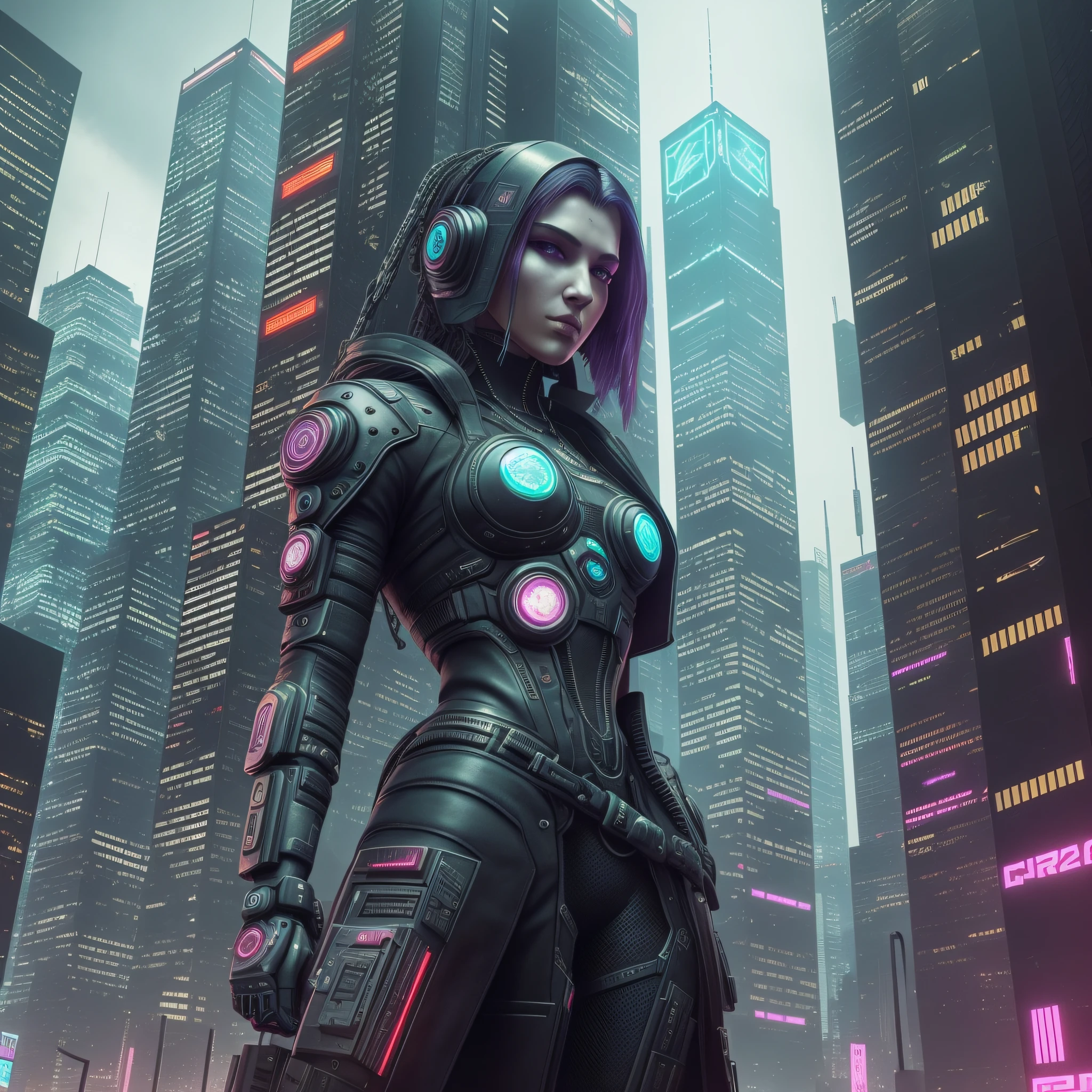 Cyberpunk, super graphics, high-tech elements, dark tones, complex mechanical elements, cityscape, human body modification, dystopian theme --auto --s2