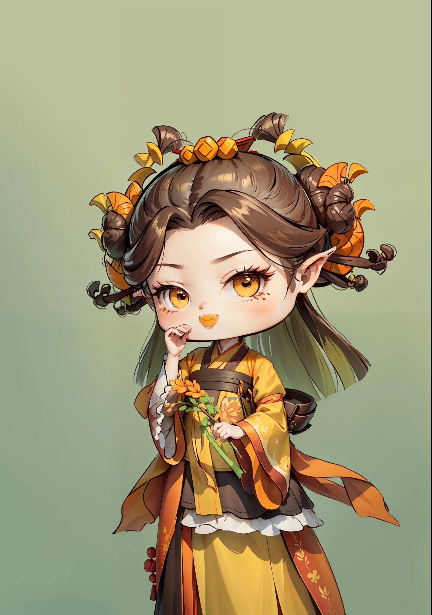 A Chinese girl in Hanfu, holding a rice ear in one hand and a seed in the other, autumn, autumn, harvest, dark brown hair, ancient Chinese hair bun, pattern, yellow-green orange yellow color scheme, ginkgo biloba hair ornaments on both sides, some metal flower headdresses, bright color blocks, bright colors, line art, infinite details, fine painting, exquisite portrayal, blank background 8k