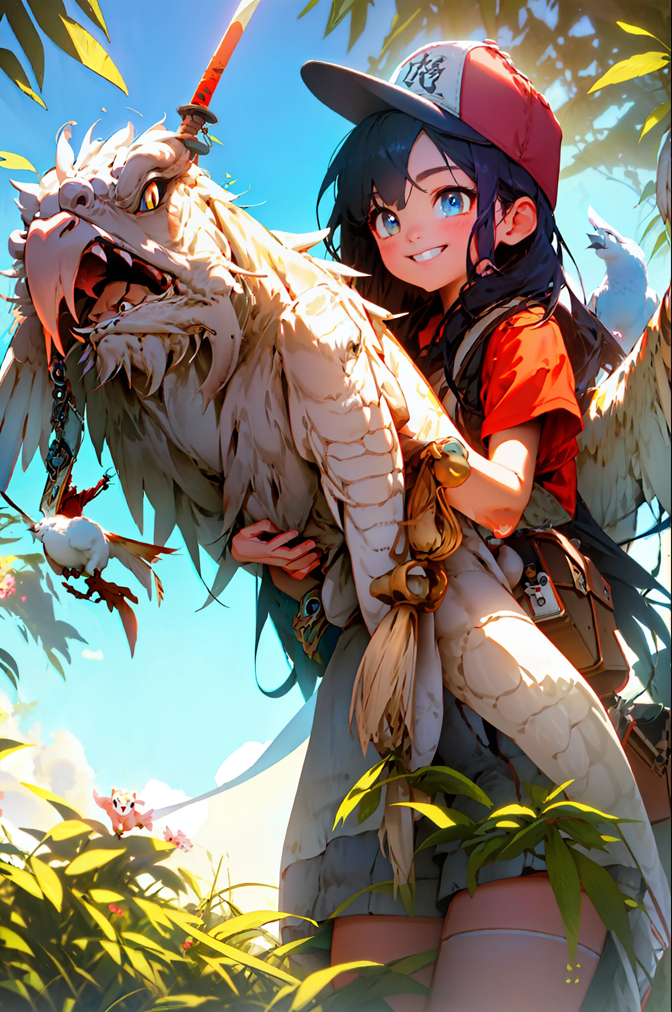 girl, letterbox, holding, outdoor, bird, standing, cloud, 1boy, weapon, from behind, sky, cloudy sky, animal, holding weapon, oriental dragon,towering into the clouds, monster, 1other, hat, fog,