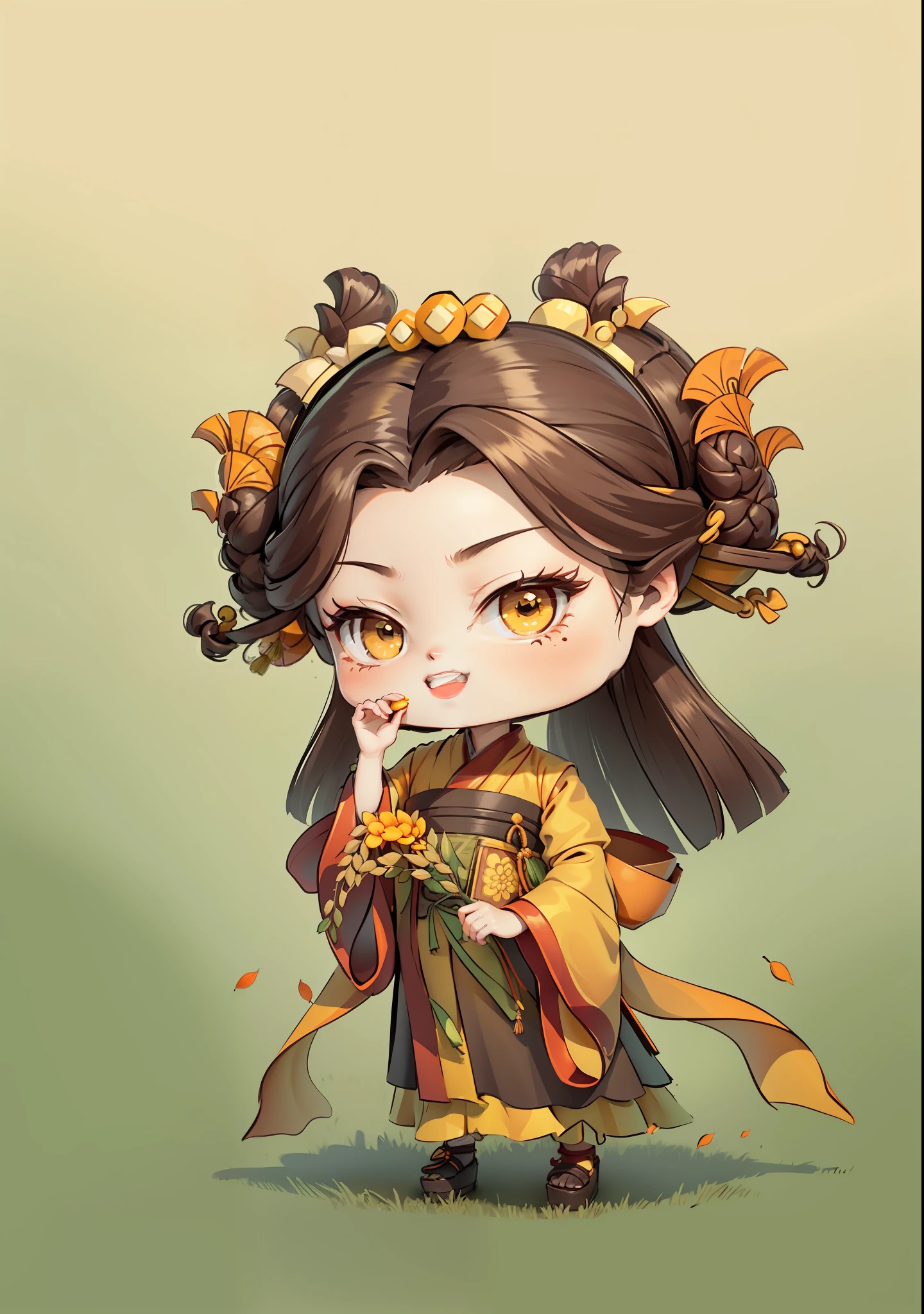 A Chinese girl in Hanfu, holding a rice ear in one hand and a seed in the other, autumn, autumn, harvest, dark brown hair, ancient Chinese hair bun, pattern, yellow-green orange yellow color scheme, ginkgo biloba hair ornaments on both sides, some metal flower headdresses, bright color blocks, bright colors, line art, infinite details, fine painting, exquisite portrayal, blank background 8k