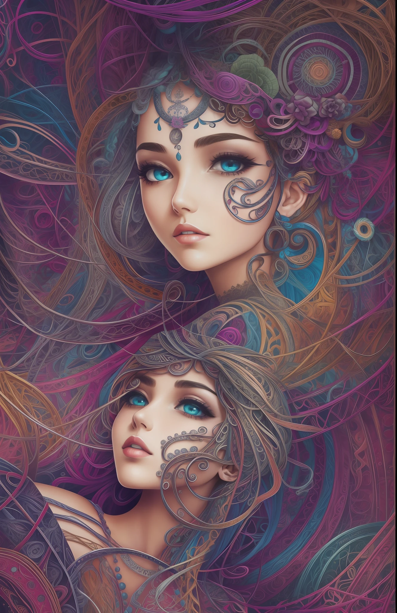 official art, unity 8k wallpaper, ultra detailed, beautiful and aesthetic, masterpiece, best quality, (zentangle, mandala, tangle, entangle), (fractal art:1.3) , 1girl, medium breast, extremely detailed, dynamic angle, cowboyshot, the most beautiful form of chaos, elegant, a brutalist designed, vivid colours, romanticism, atmospheric, ecstasy of musical notes, streaming musical notes visible