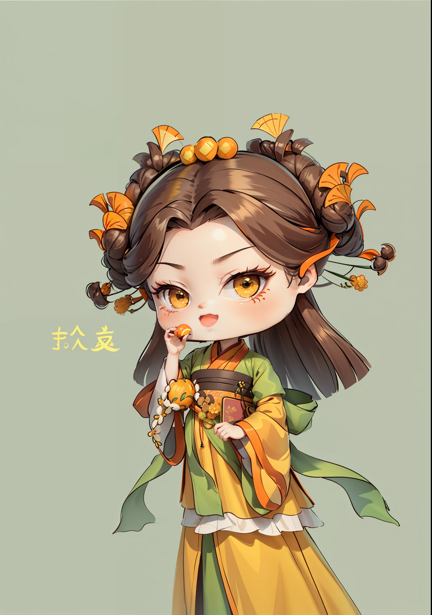 A Chinese girl in Hanfu, holding a rice ear in one hand and a seed in the other, autumn, autumn, harvest, dark brown hair, ancient Chinese hair bun, pattern, yellow-green orange yellow color scheme, ginkgo biloba hair ornaments on both sides, some metal flower headdresses, bright color blocks, bright colors, line art, infinite details, fine painting, exquisite portrayal, blank background 8k