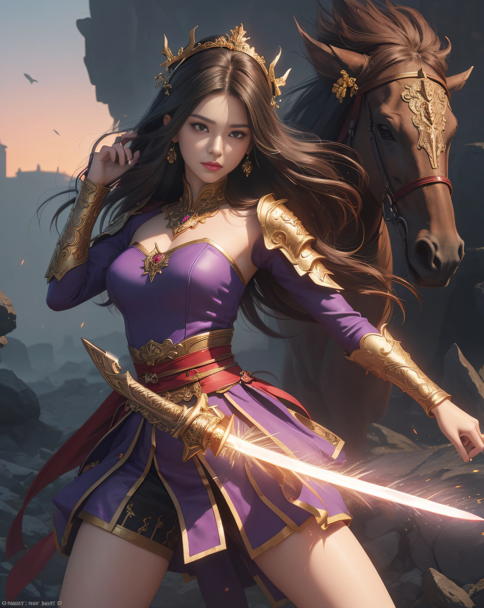 (masterpiece, beautiful art, best quality:1.4), close-up of a woman in (bright red:1.0) and (purple:1.1) dress, (holding glowing golden sword in right hand:1.2), beautiful armor, (perfect beautiful face:1.2), armor girl, chengwei pan on artstation, by Yang J, detailed fantasy art, stunning character art, fanart best artstation, epic exquisite character art, extremely detailed artgerm, detailed digital anime art, artgerm on artstation pixiv, 8k