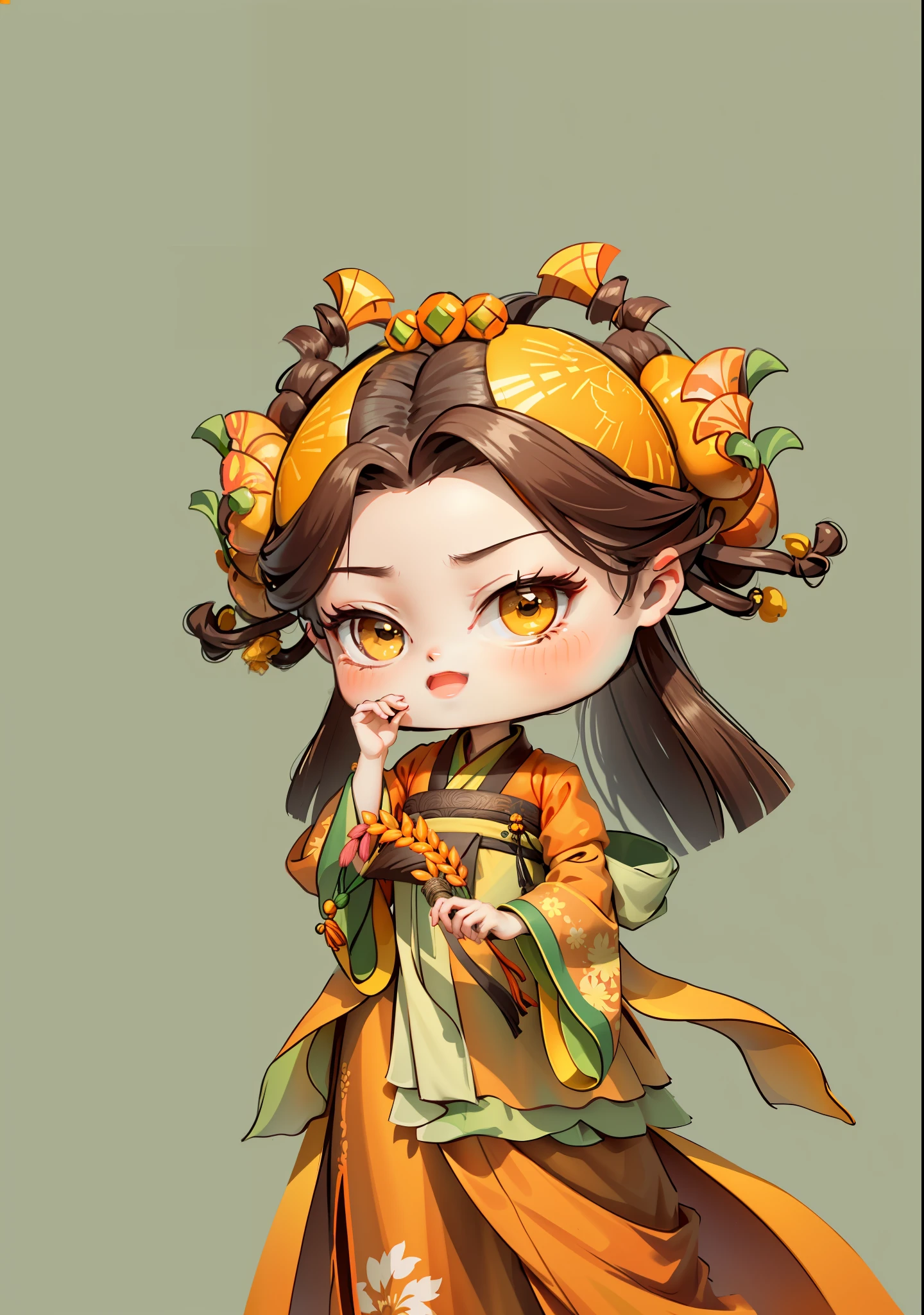 A Chinese girl in Hanfu, holding a rice ear in one hand and a seed in the other, autumn, autumn, harvest, dark brown hair, ancient Chinese hair bun, pattern, yellow-green orange yellow color scheme, ginkgo biloba hair ornaments on both sides, some metal flower headdresses, bright color blocks, bright colors, line art, infinite details, fine painting, exquisite portrayal, blank background 8k