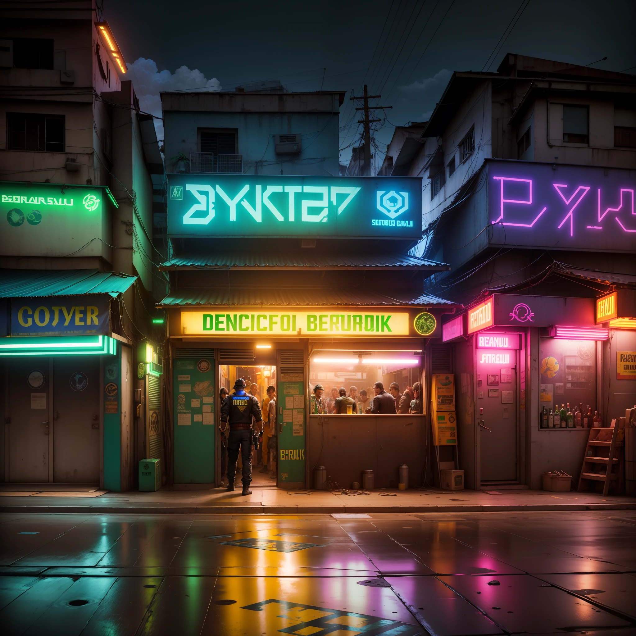 Brazilian cyberpunk favela, cyberpunk brazilian favela street, photograph of the front of a cyberpunk brazilian bar, cyberpunk barcyber, cyberpunk neon signs, volumetric lighting, realism, ultrz realism, light grainy effect, hostile and dark environment