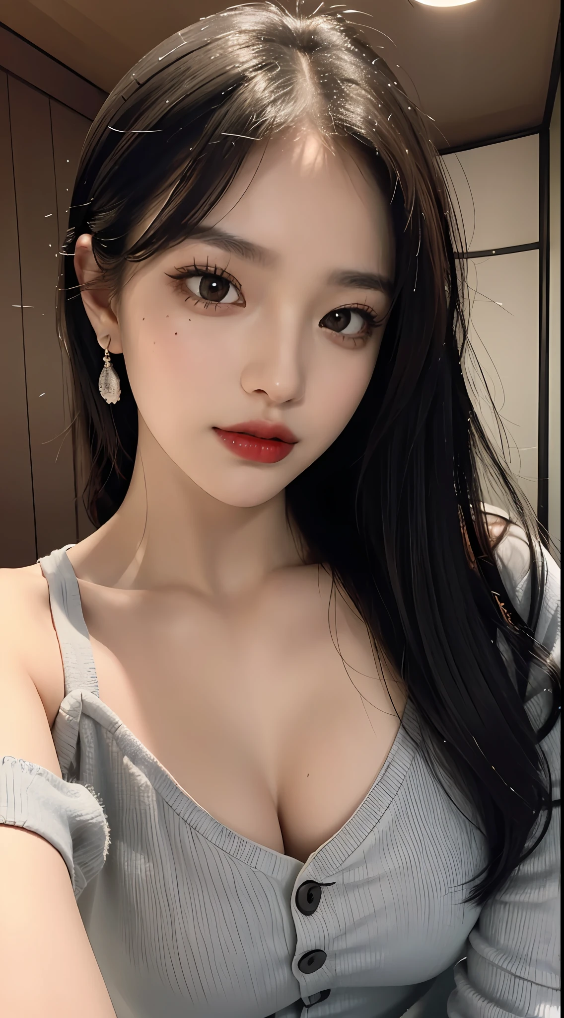 (Masterpiece), Best Quality, 8K Resolution, 3D, Close Shot, A Beautiful Girl, Dress, Perfect Body (Plump), ((Beautiful Detailed Face)), (Upper Body: 1.3), Black Hair (Messy), Delicate Makeup, Red Lips, Oil Lips, Long Eyelashes, With Silver Earrings, Bright Big Eyes, Eye Shadow, Lying Silkworm, Movie Lighting, Cute Girl, Master Works, High Detail, Colorful Picture, Light and Shadow Details, Extremely Delicate Beautiful Girl, Supple and Fair Skin, Delicate facial features, perfect face, stunning beauty, extreme details, realistic details, facing the camera, holding a mobile phone to take a selfie