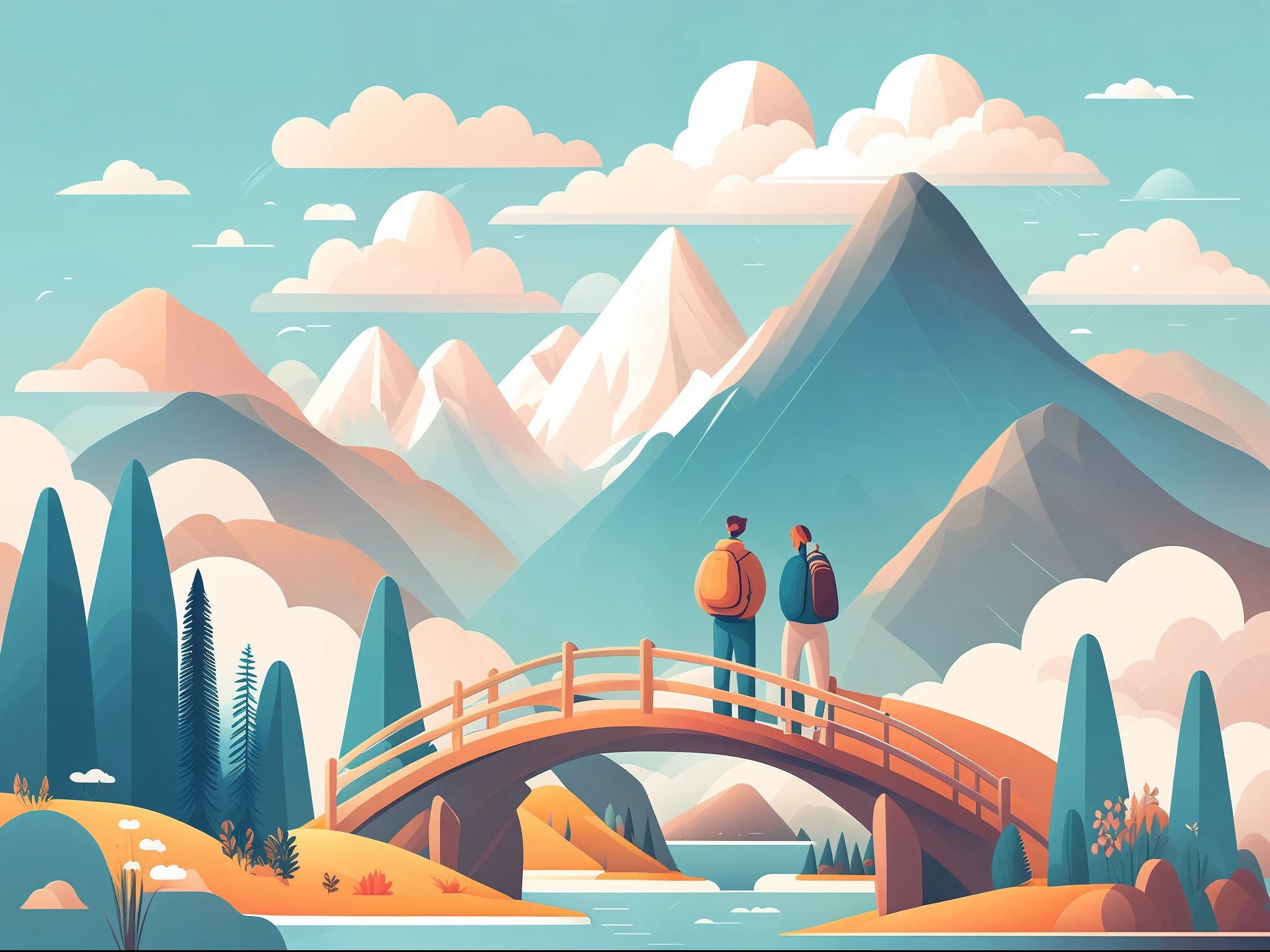 Landscape, flat style, flat illustration, landscape, mountain group, small bridge, people walking on the bridge, clouds, plants, graphic design, graphic illustration