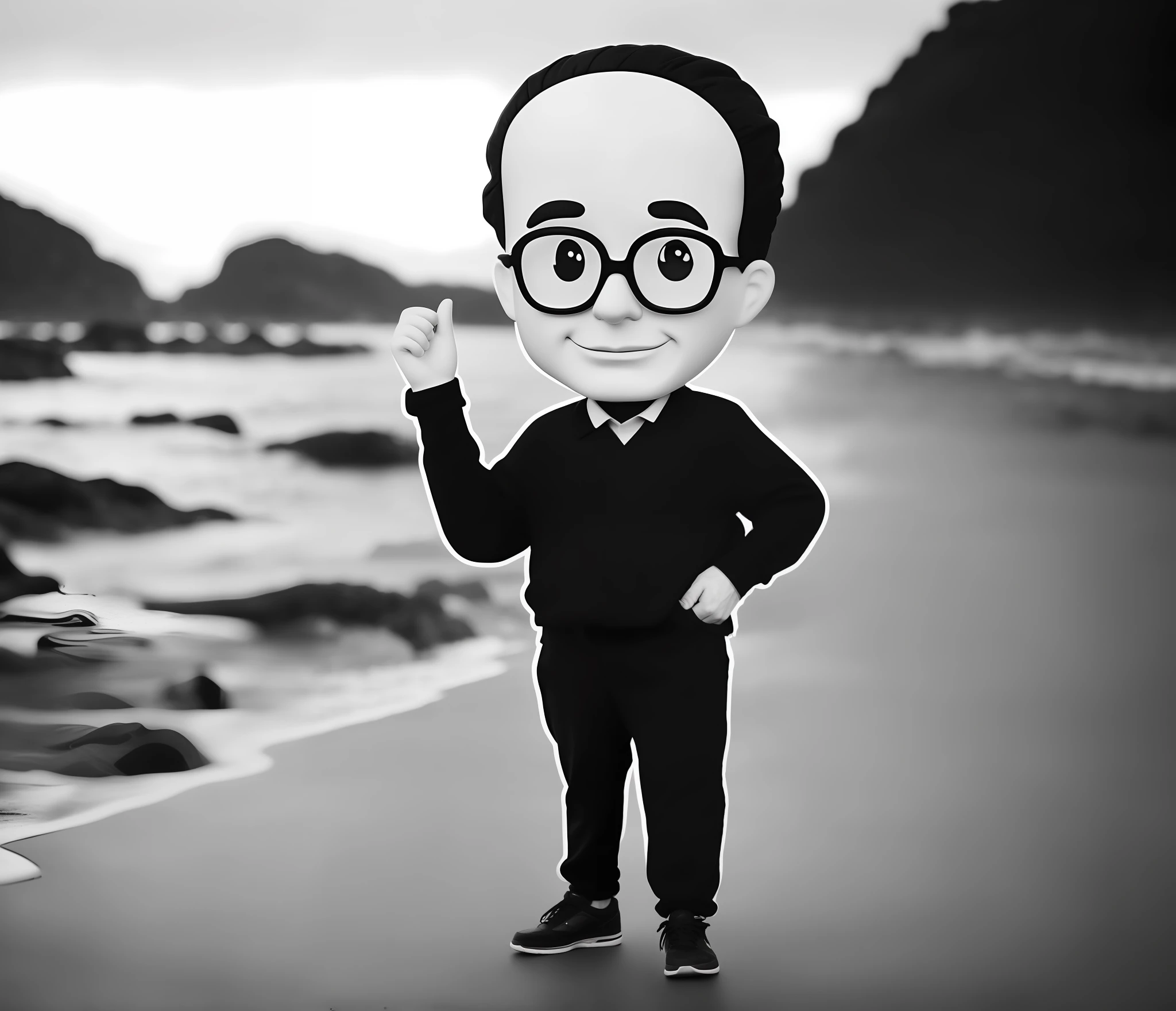 b&w photo of 42 y.o man in black clothes, bald, face, half body, body, high detailed skin, skin pores, coastline, overcast weather, wind, waves, 8k uhd, dslr, soft lighting, high quality, film grain, Fujifilm XT3