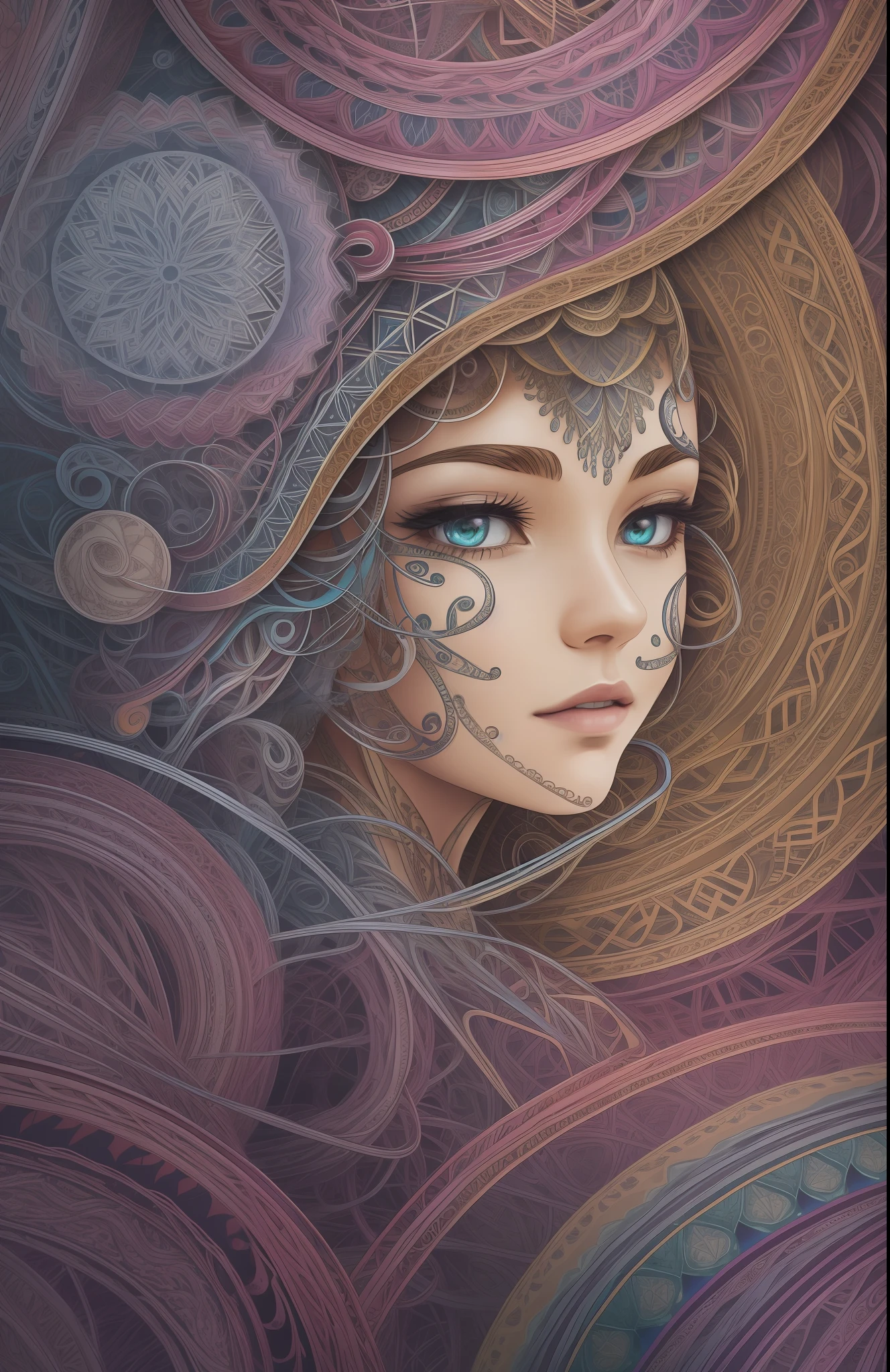 official art, unity 8k wallpaper, ultra detailed, beautiful and aesthetic, masterpiece, best quality, (zentangle, mandala, tangle, entangle), (fractal art:1.3) , 1girl, extremely detailed, dynamic angle, cowboyshot, the most beautiful form of chaos, elegant, a brutalist designed, vivid colours, romanticism, atmospheric, ecstasy of musical notes, streaming musical notes visible