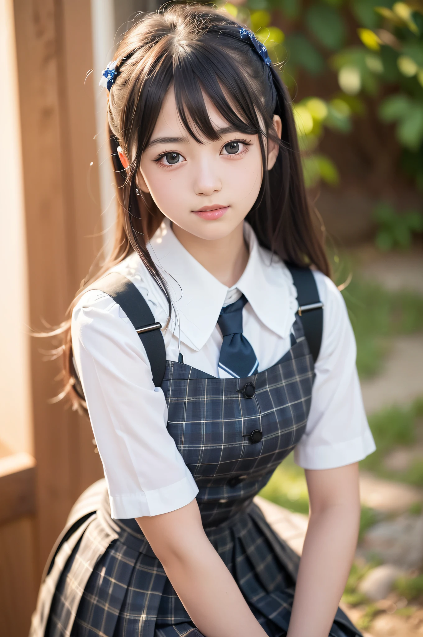 1 nogizaka girl, utterly cute, bishojo, 12yo, (white school uniform short sleeves), blue plaid pleated skirt, an exquisitely detailed and beautiful face and eyes and skin, detailed black shine hair, smile at the camera, cowboy shot, the way from school to home, professional lighting, BREAK, (realistic, photo-realistic:1.37), 8k, (masterpiece), (best quality:1.4), (ultra high res:1.2), (RAW photo:1.2), (ultra detailed beautiful cloth), perfect anatomy, 4fingers and 1thumbs, ultra detailed background, (unity 8k wallpaper)