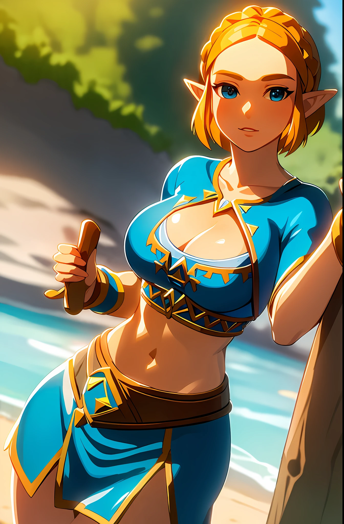 masterpiece,best quality,zelda\(princess\), 1girl, solo, large breasts,short_hair, tank top, cleavage