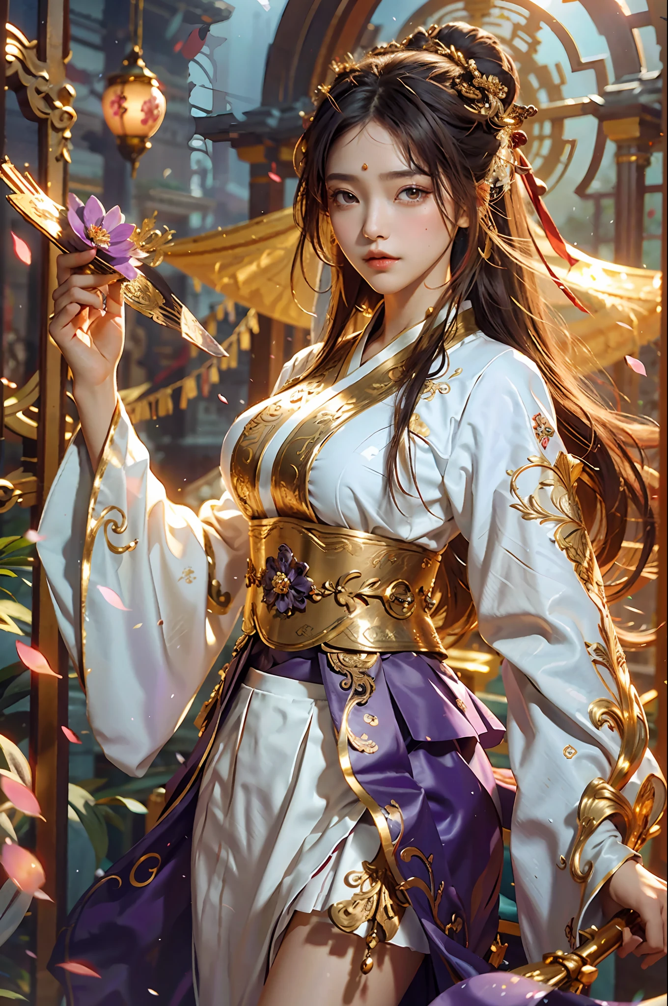 Superb Beauty, Masterpiece, High Resolution, (Exquisite Body: 1.5), Beauty, Extra Large Breasts (2.5) Wide Buttocks, Thin Waist, Stunning Beauty, (Milky Skin: 1.3), Exquisite Details, High Resolution, Wallpaper, 1 Female, Solo, Dress, Hair Accessories, (((Golden Purple Skirt)) ), Flower, Long Hair, Brown Hair, Shut Up, Accessories, Long Sleeves, Raised Hands, Wide Sleeves, Big Eyes, Flowing Hair, Hanfu, Hanfu, Embroidery, Long Dress, Natural Pose, Falling Petals, Indoor, Fanning, Lantern, 16K, HDR, High Resolution, Depth of field, (Film grain: 1.1), Bocon, Primetime, (lens flare), vignette, rainbow, (color grading: 1.5)