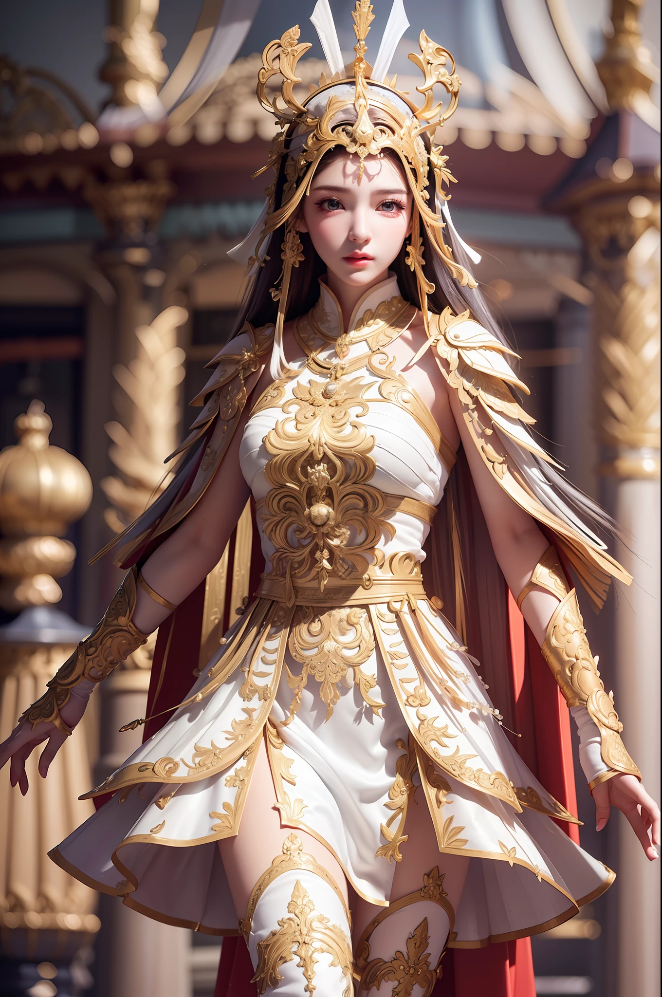 ((masterpiece))), (((best quality))), ((ultra-detailed)), (hyperrealistic), (highly detailed CG illustration), cinematic light, photorealistic ,extremely beautiful young lady, light makeup, intricate detailed eaba, white intricate cape, dynamic pose, spear