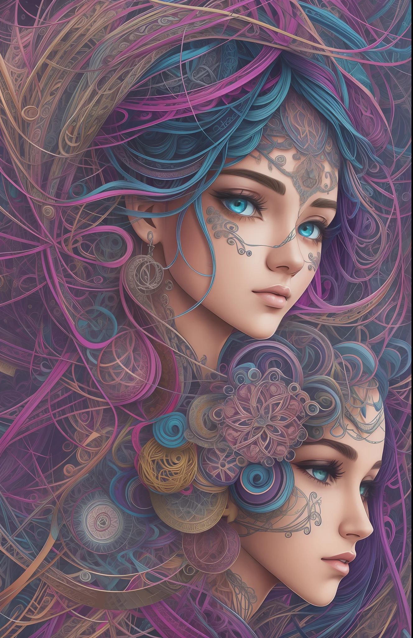 official art, unity 8k wallpaper, ultra detailed, beautiful and aesthetic, masterpiece, best quality, (zentangle, mandala, tangle, entangle), (fractal art:1.3) , 1girl, extremely detailed, dynamic angle, cowboyshot, the most beautiful form of chaos, elegant, a brutalist designed, vivid colours, romanticism, atmospheric, ecstasy of musical notes, streaming musical notes visible