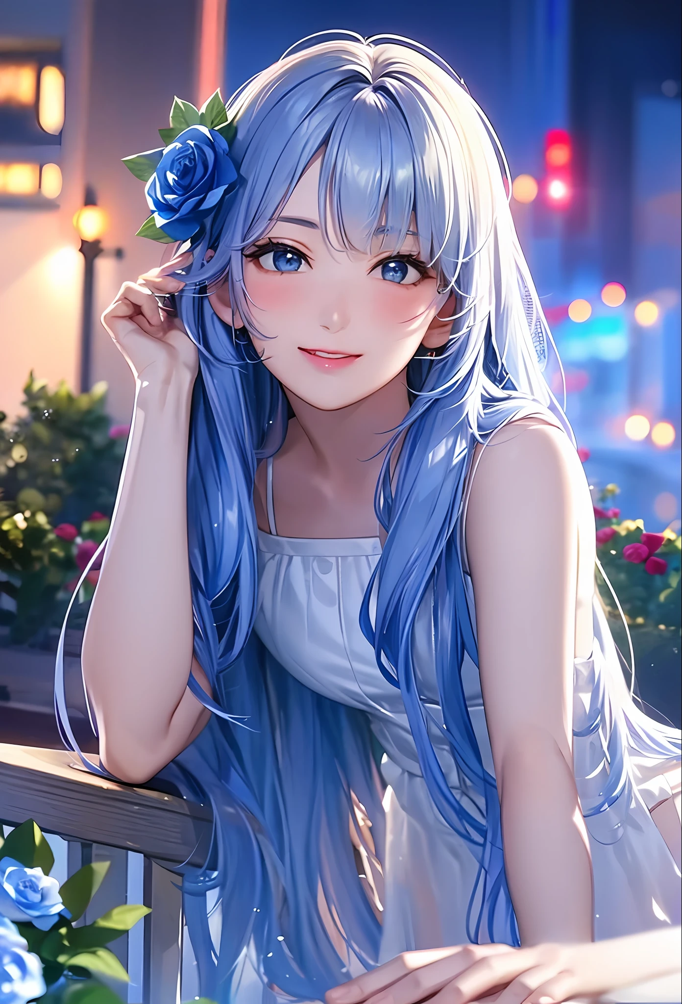 (8k, top quality, masterpiece: 1.2), (realistic, photorealistic: 1.37), super detailed, girl alone, cute, solo, midnight, beautiful detailed sky, detailed café, sitting, dating, (blush), (smile: 1.15), small breasts (mouth closed), beautiful fine eyes, floating hair NovaFrogStyle, back open dress, blue rose accessories, Blue rose in the background, wink can't do well