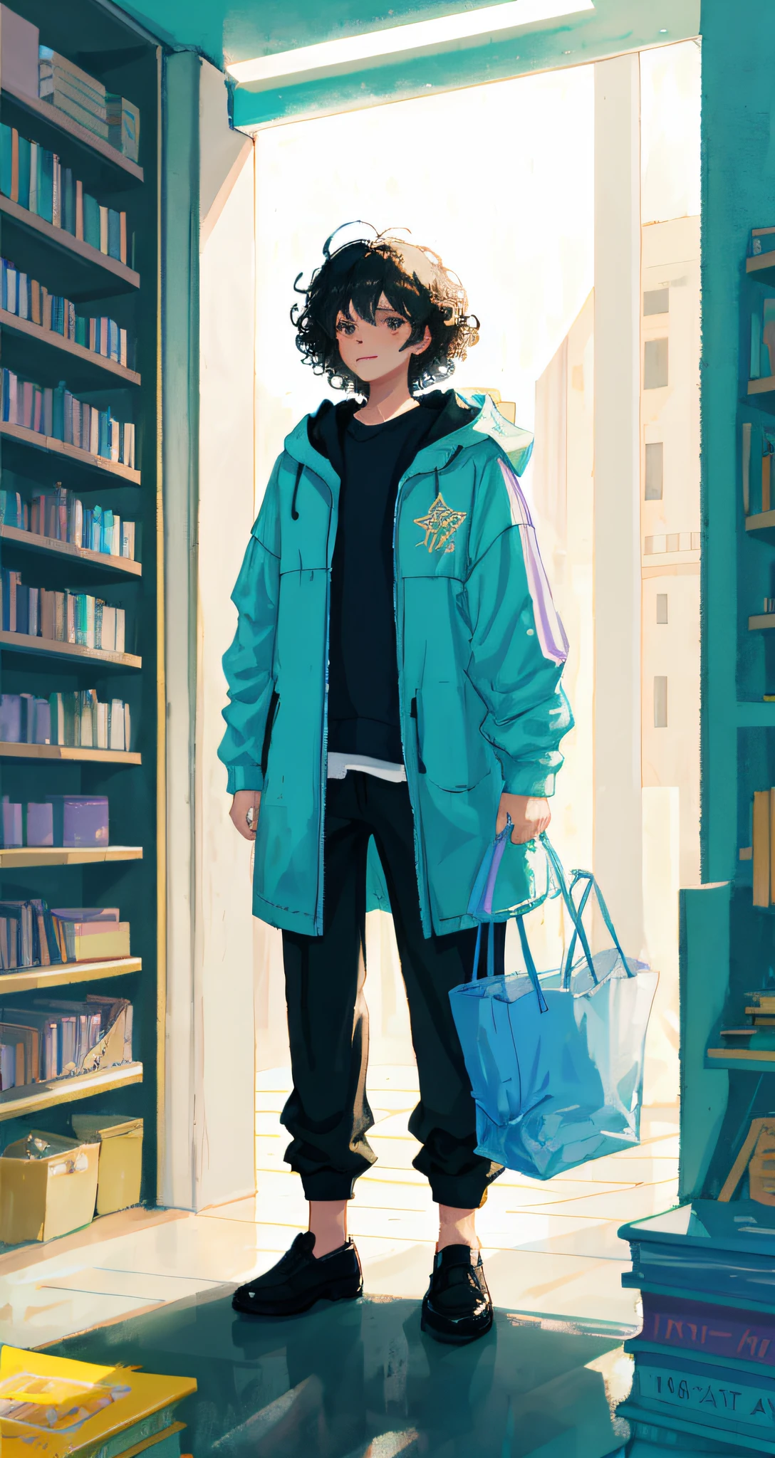 1boy, black hair, curly hair, concept artstyle, library, pastel, wizard outfit, magic wand, close up shot