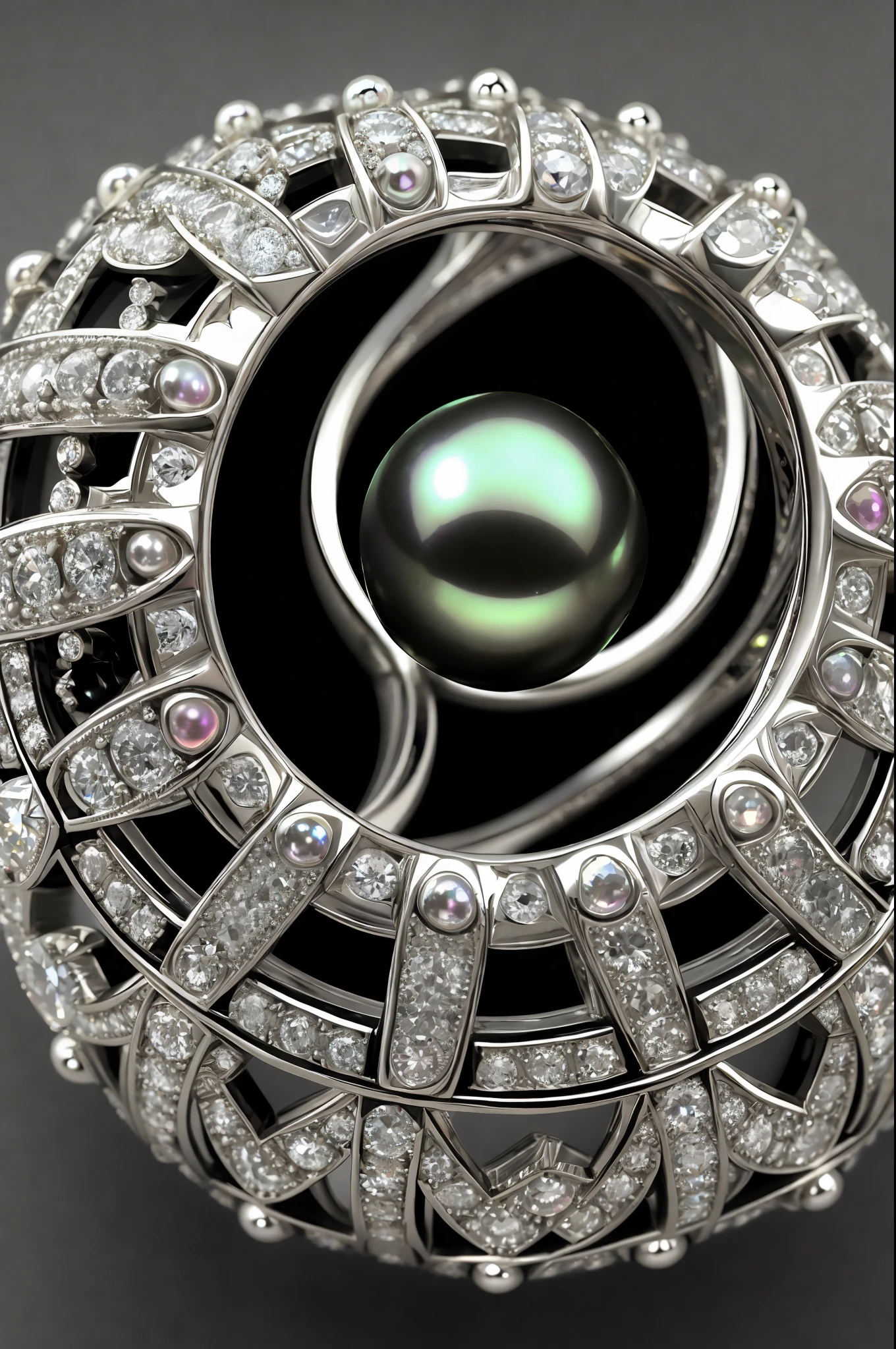 a close up of a ring with a black pearl and diamonds, symetrical japanese pearl, elden ring inspired, elden ring style, ring, jewelry photography, black pearls, pearl, inspired by Pieter de Ring, ( art deco ), ultradetailed photorealistic, photorender, photo realistic, black jewellery, ring lit, highdetailed, 16k 3d