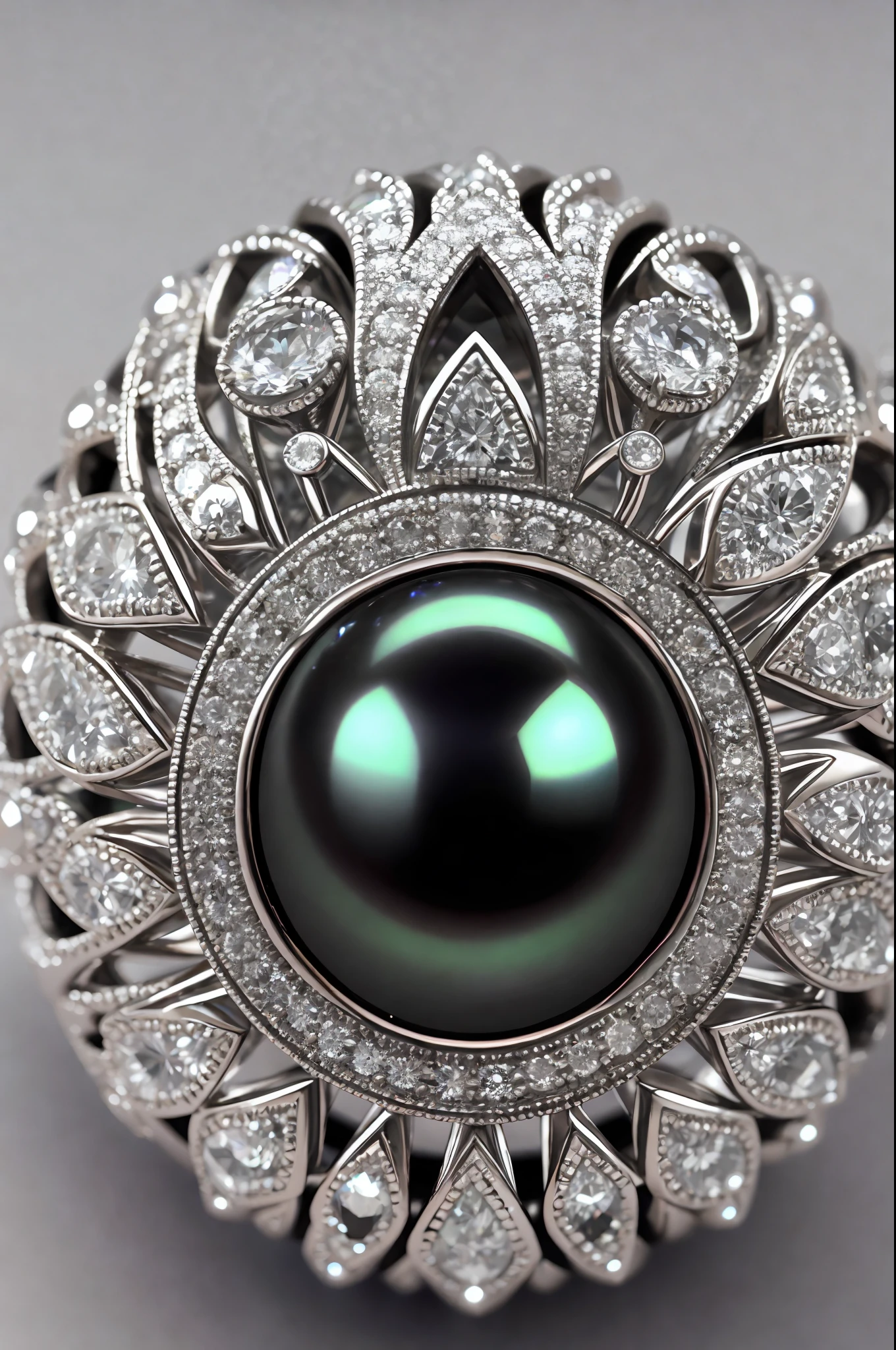 a close up of a ring with a black pearl and diamonds, symetrical japanese pearl, elden ring inspired, elden ring style, ring, jewelry photography, black pearls, pearl, inspired by Pieter de Ring, ( art deco ), ultradetailed photorealistic, photorender, photo realistic, black jewellery, ring lit, highdetailed, 16k 3d