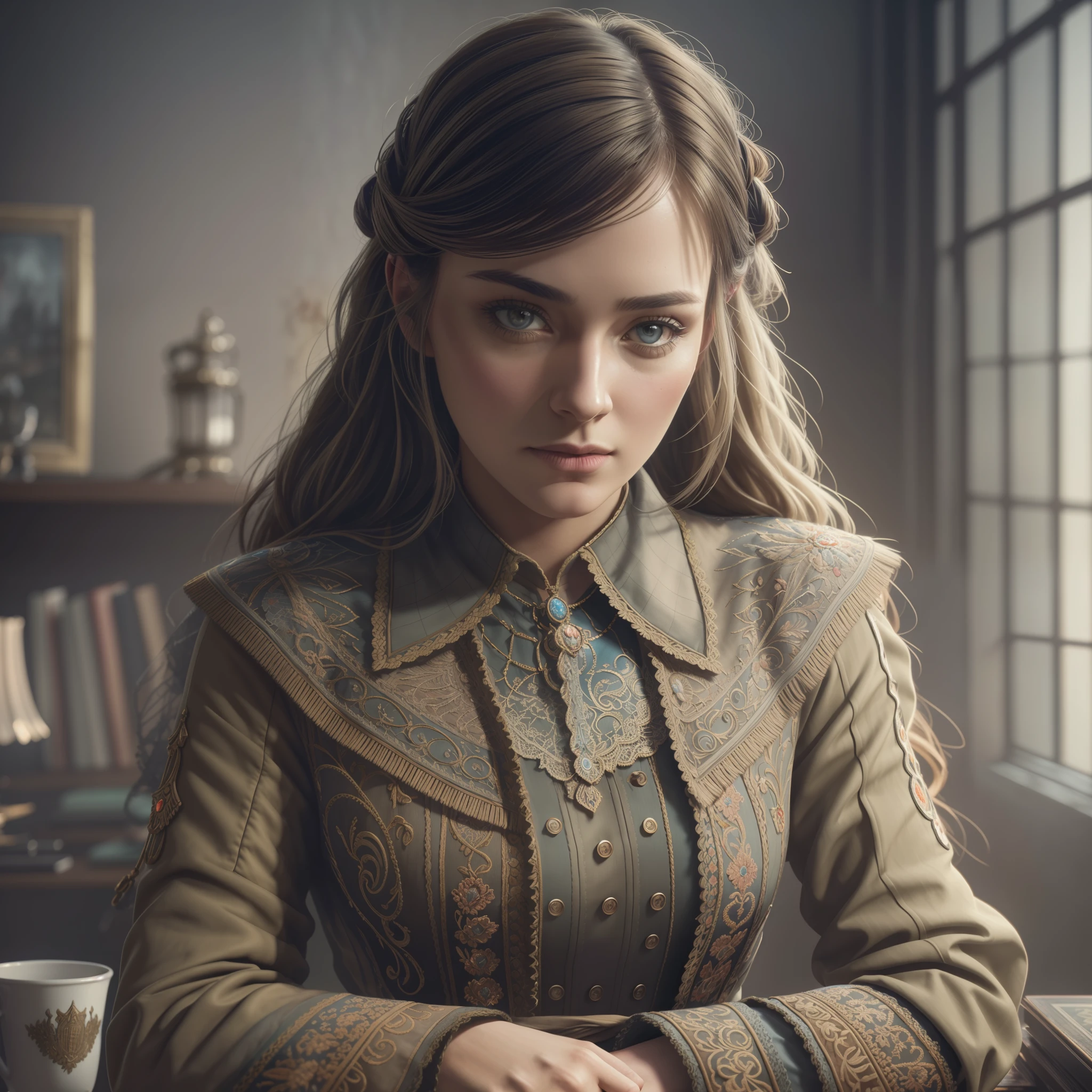Portrait of a Beautiful German woman  in the Soviet uniform of the 30s in his office, hdr, best quality, high resolution, masterpiece, photorealistic, professional photography, 8K resolution, intricate detail, sophisticated detail, depth of field, slightly side view, epic realistic, (dark shot:1.22), neutral colors, (hdr:1.4), (muted colors:1.4), (intricate), (artstation:1.2), dramatic, intricate details, (technicolor:0.9), detailed, [[rutkowski]], intricate, cinematic, detailed, (dark shot:1.17), epic realistic, faded, ((neutral colors)), art, (hdr:1.5), (muted colors:1.2), hyperdetailed, (artstation:1.5), cinematic, warm lights, dramatic light, (intricate details:1.1), complex background, (rutkowski:0.8), (teal and orange:0.4)