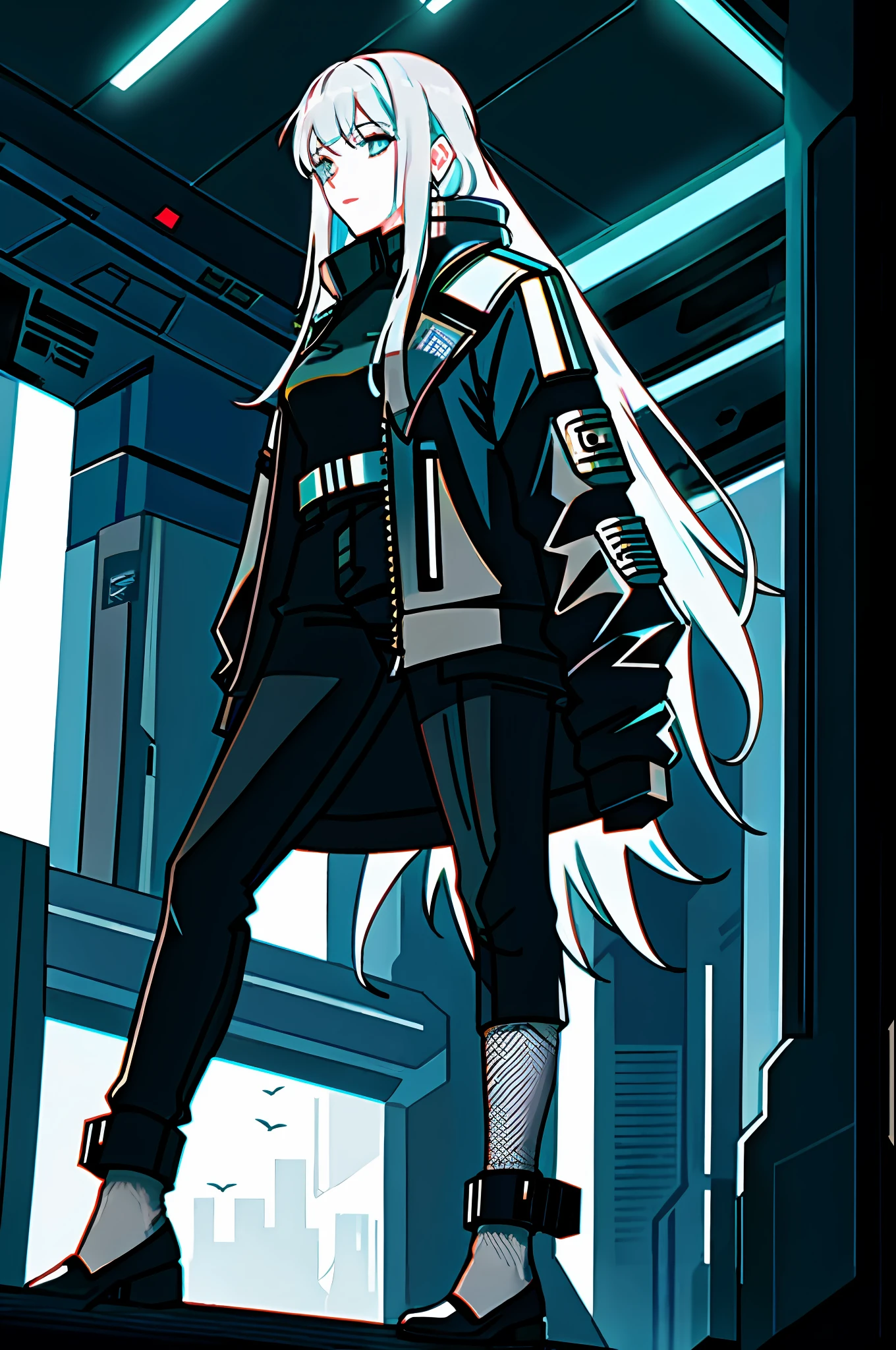 Future World, Cyberpunk Female, High-Tech, Young Woman, Gray Hair, 18 years old, Fishnet Socks, Swan Dance, High Cold, Light, White Skin, Black Sky, Rain