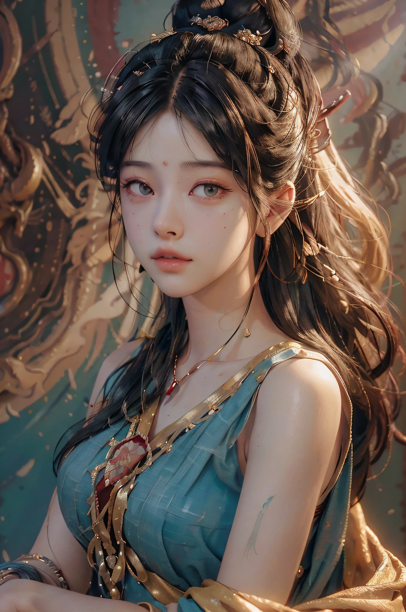 (RAW photo, best quality), (realistic, photo-realistic:1.3),best quality,highly detailed,masterpiece,ultra-detailed,illustration,1girl,upper_body,dynamic angle,world masterpiece theater,messy_long_hair,best quality,extremely detailed CG unity 8k wallpaper,ink,Amazing,cinematic lighting,lens_flare, dunhuang_style