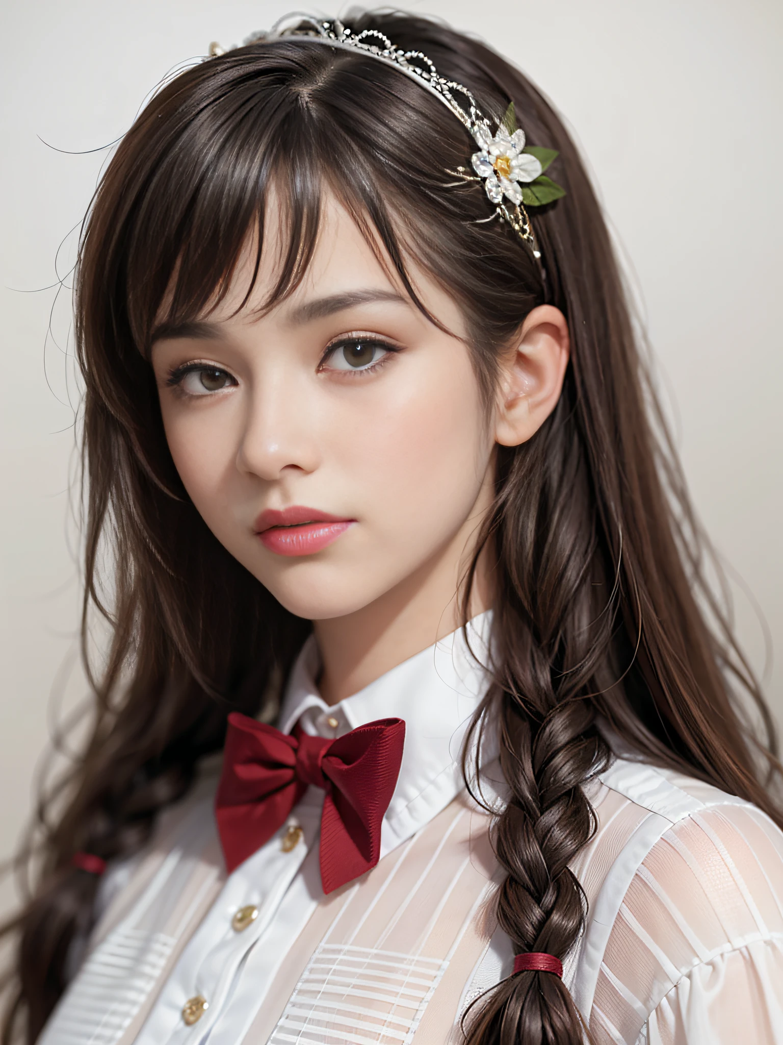 A close up of a woman with a red bow tie and a white shirt - SeaArt AI