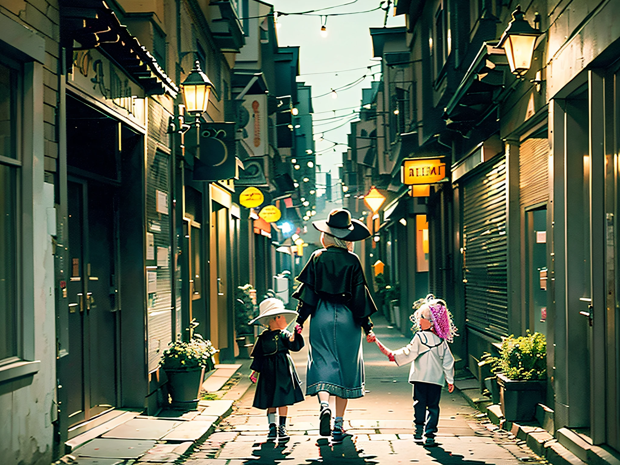 (Masterpiece) (On a Dimly Lit Street, Vista: 1.8) (A Grandmother and Two , Small Chack Hair, Grandmother with White Hair, Casual Clothes, Walking Hand in Hand: 1.9) (They Sing Together: 1.7) (Night Country Environment: 1.8)