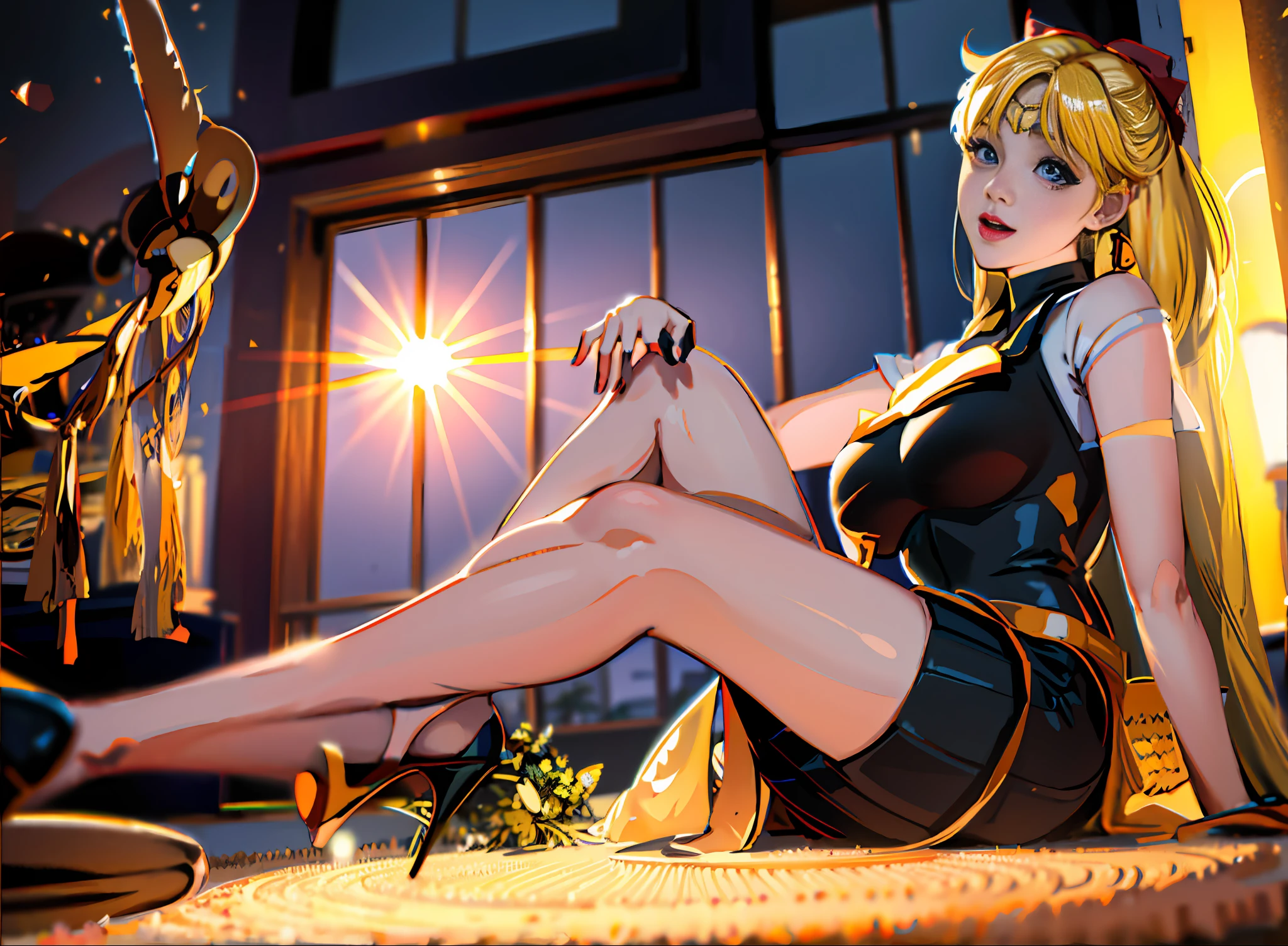 Sailor Moon sitting on the floor wearing black dress, elegant seduction pose, sexy girl, yellow dress, yellow skirt, looking up at camera, blonde hair, red bow on head, sailor suit, sitting position, perfect face, moon in background, big eyes, smile