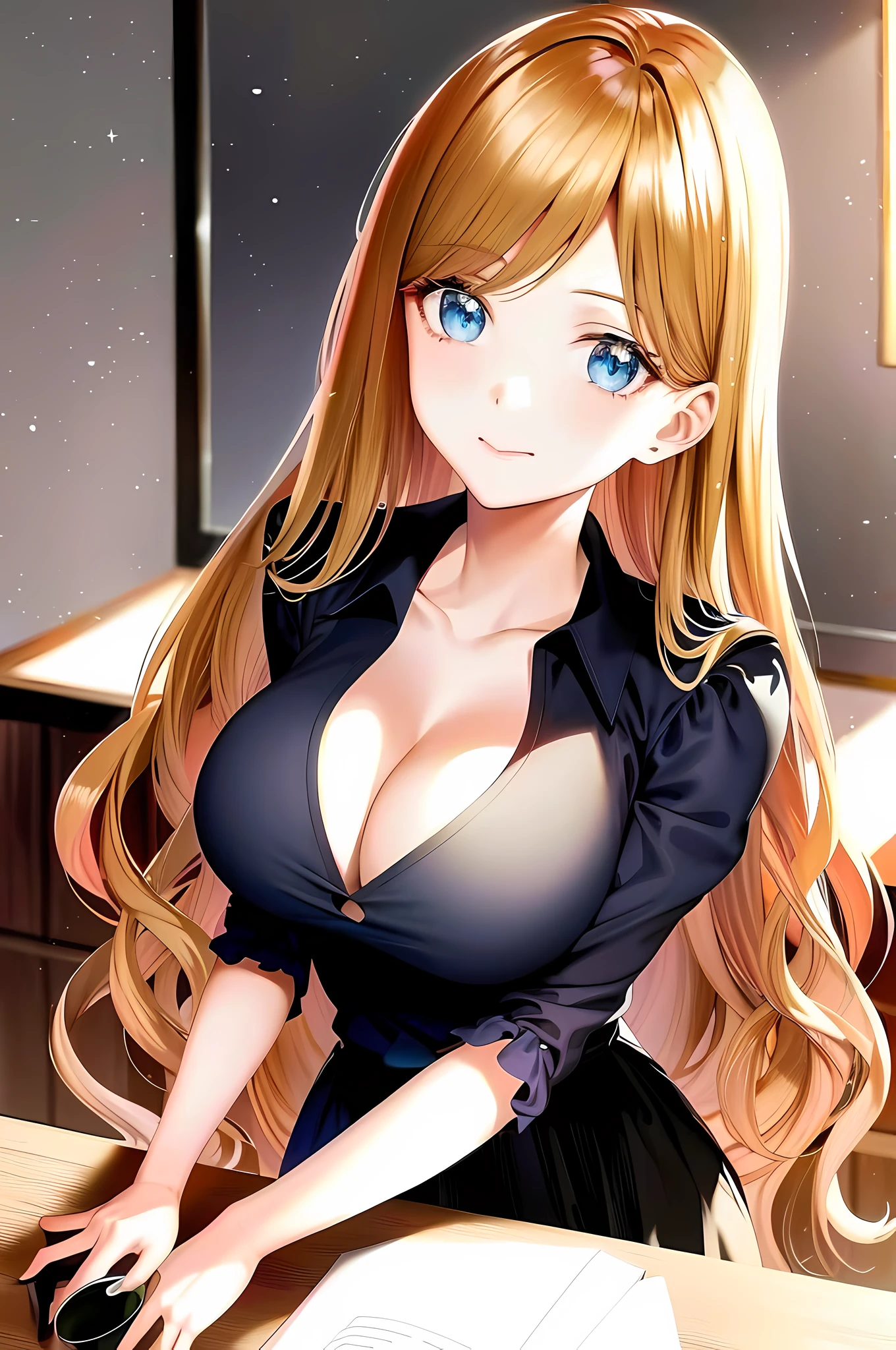 anime girl with long blonde hair and blue eyes sitting at a desk, seductive anime girl, beautiful alluring anime teen, beautiful alluring anime woman, attractive anime girl, beautiful anime girl, anime best girl, beautiful anime woman, ecchi anime style, beautiful anime high school girl, blonde anime girl with long hair, anime girl wearing a black dress, pretty anime girl